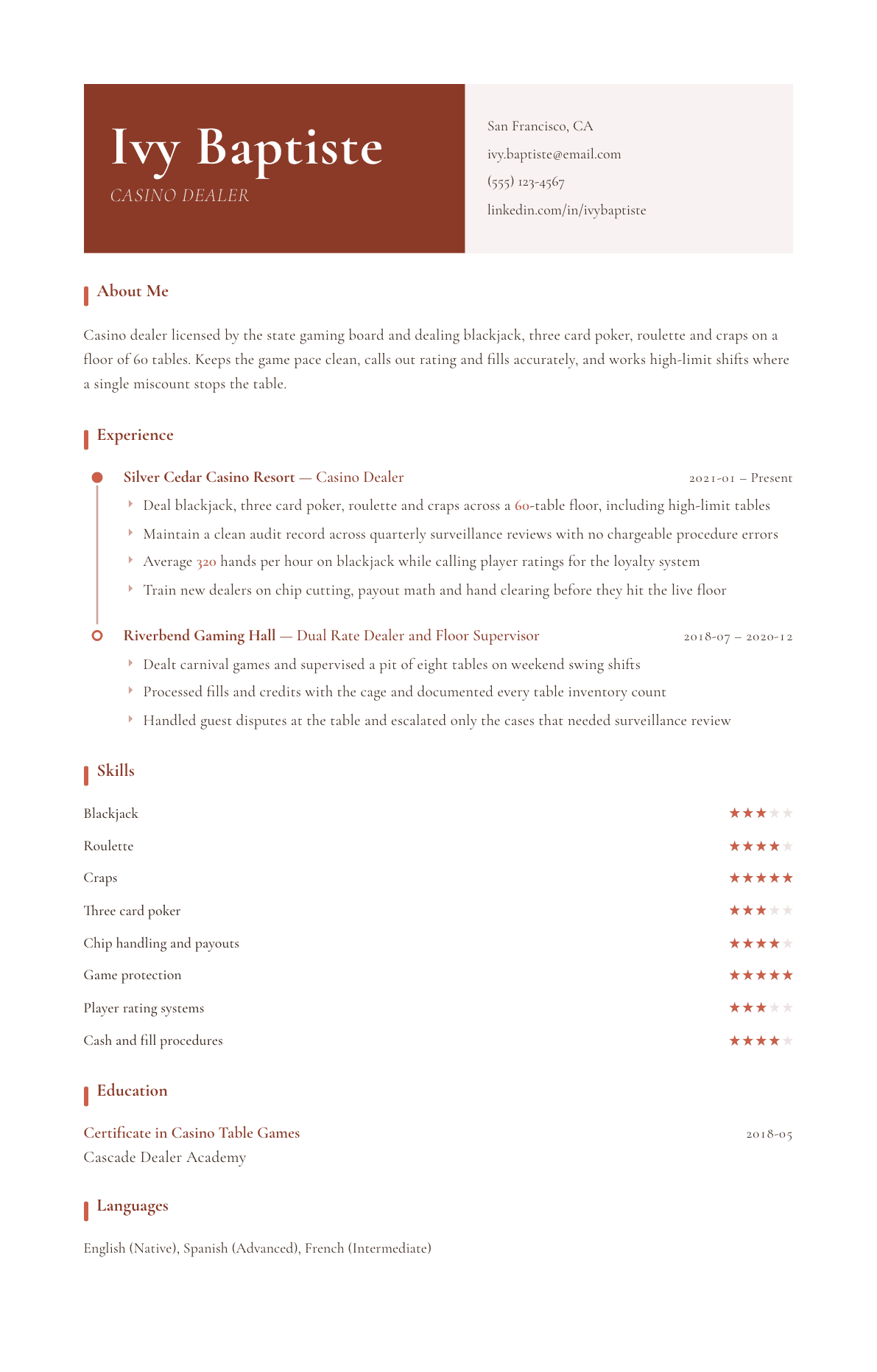 Casino Dealer resume example, Artisan template