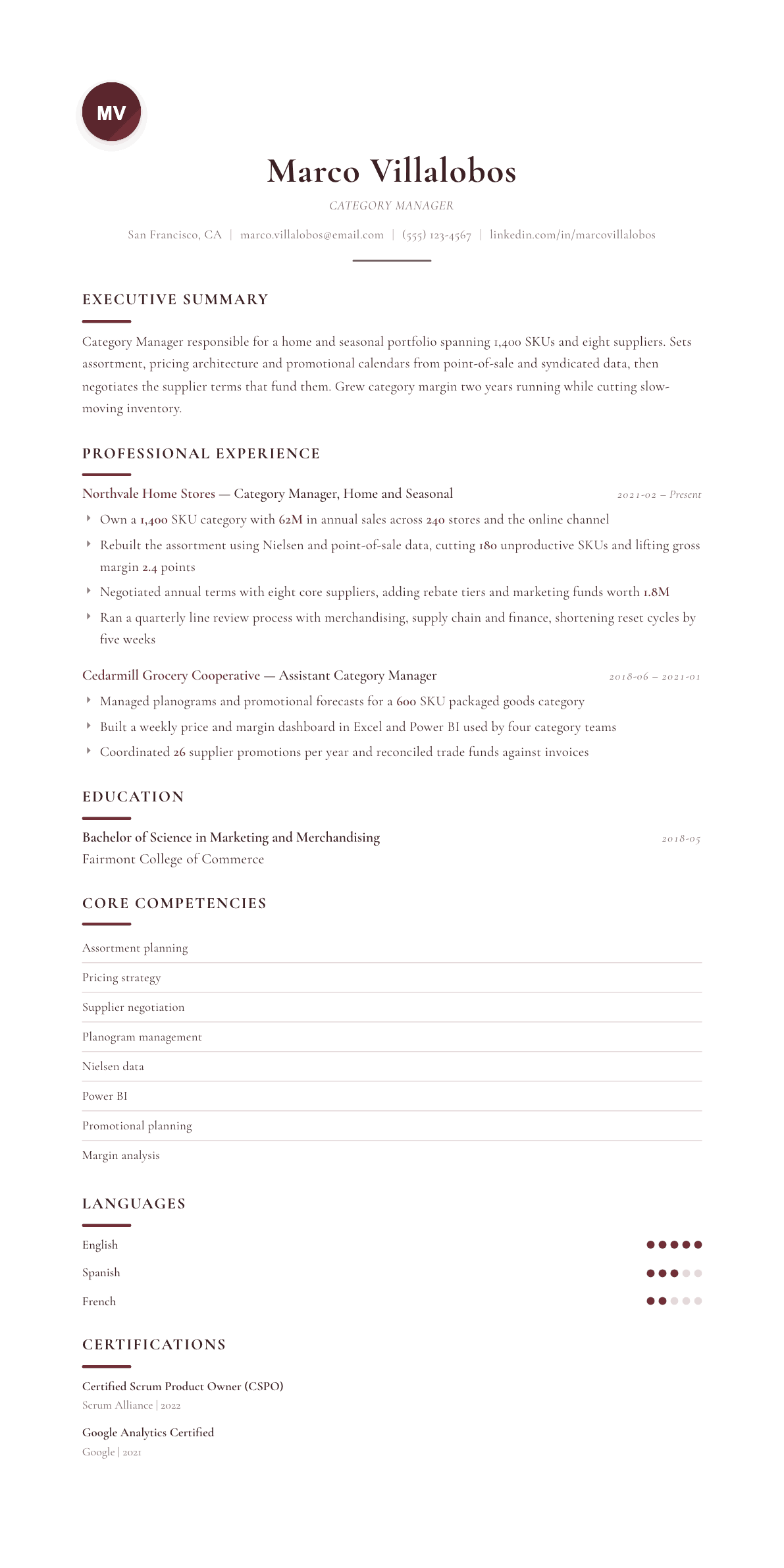 Category Manager resume example, Diplomat template