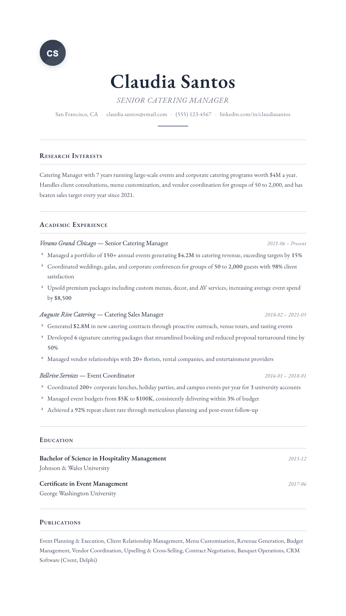 Catering Manager resume example, Scholar template