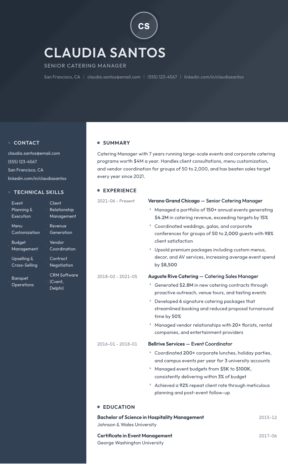 Catering Manager resume example, Binary template