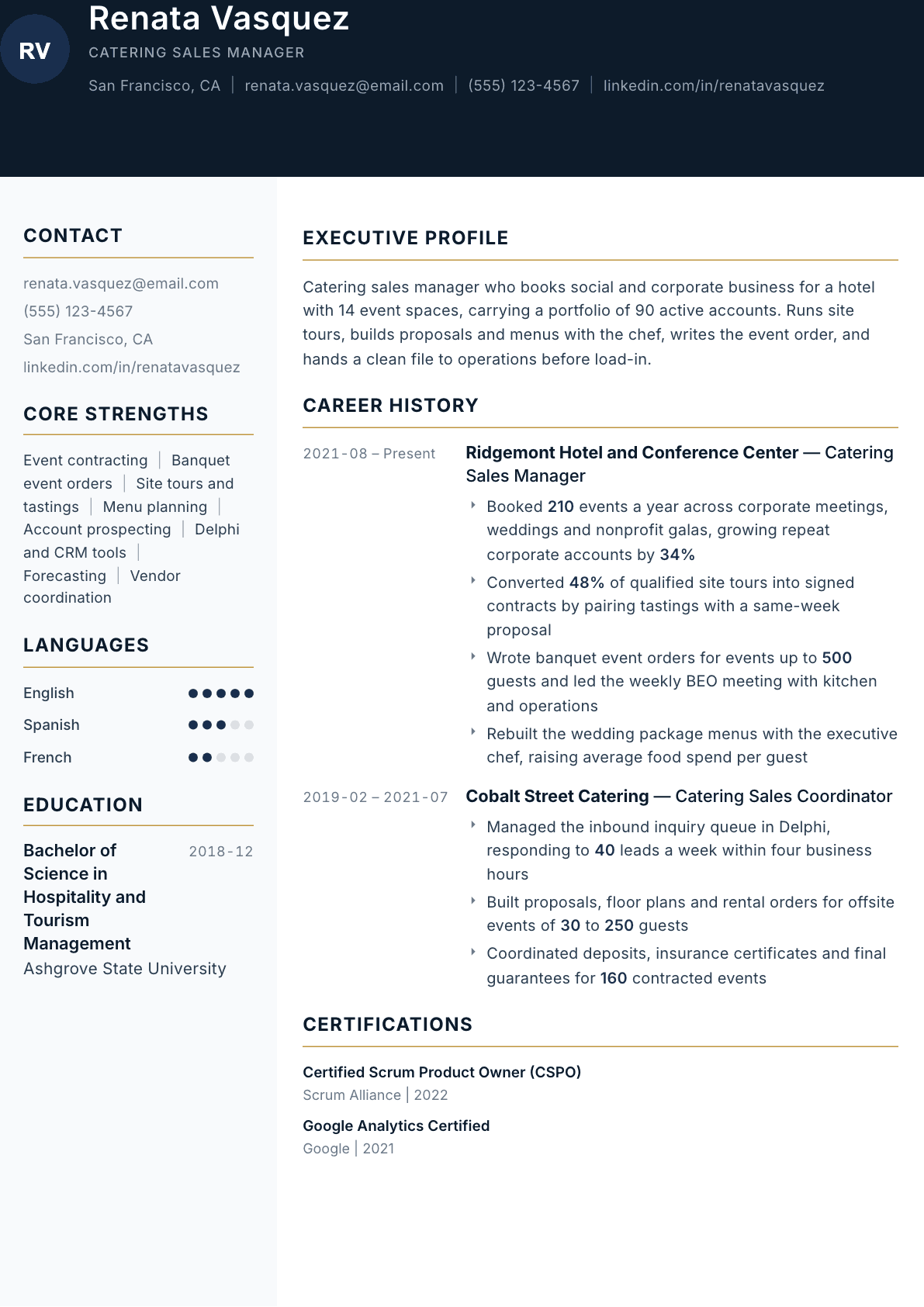Catering Sales Manager resume example, Consulate template