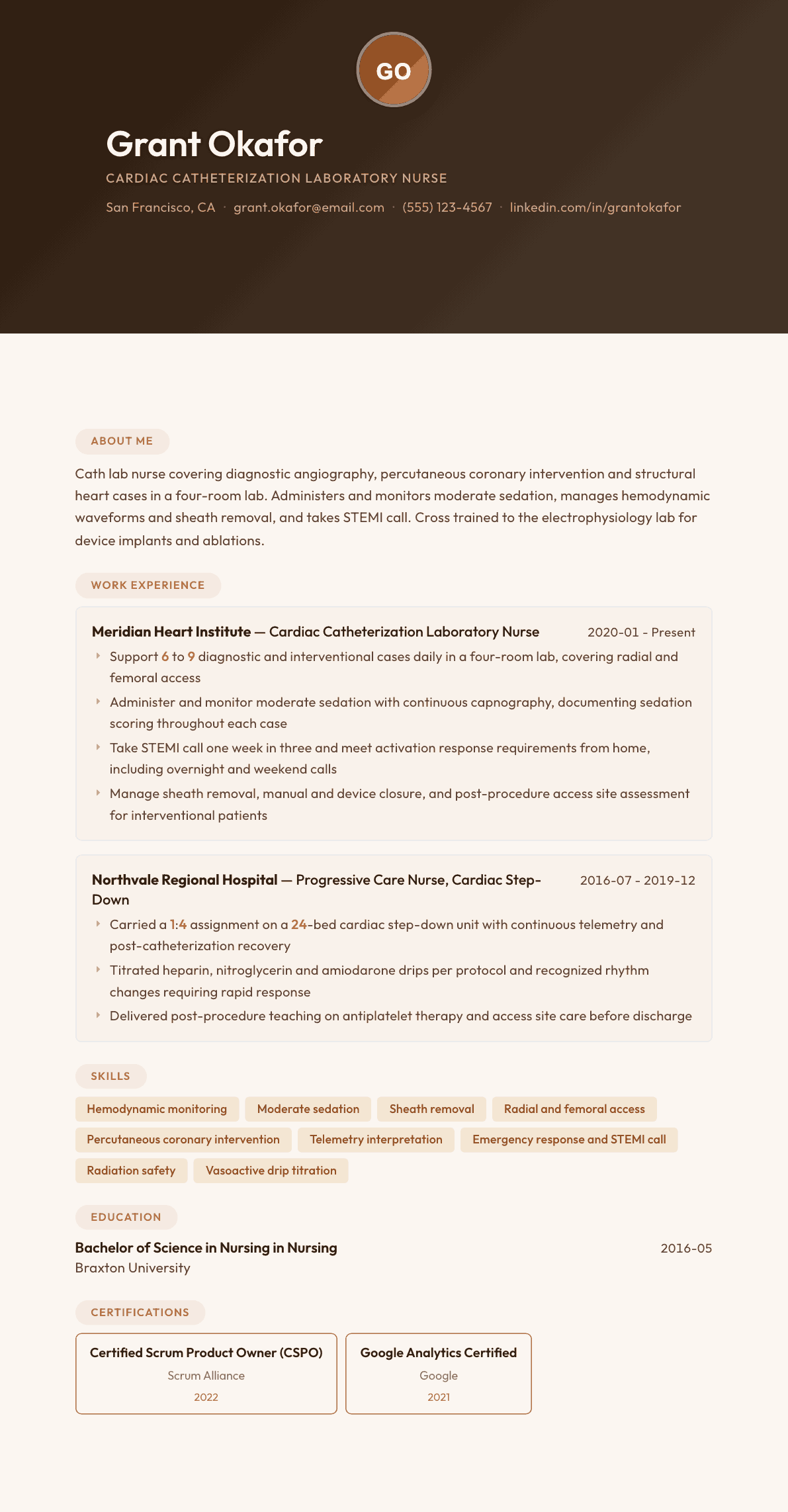 Cath Lab Nurse resume example, Terracotta Studio template
