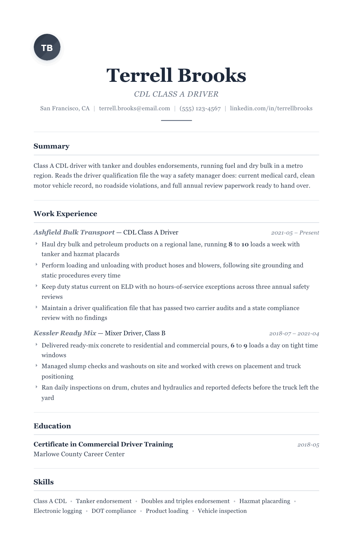 CDL Driver resume example, Classic template