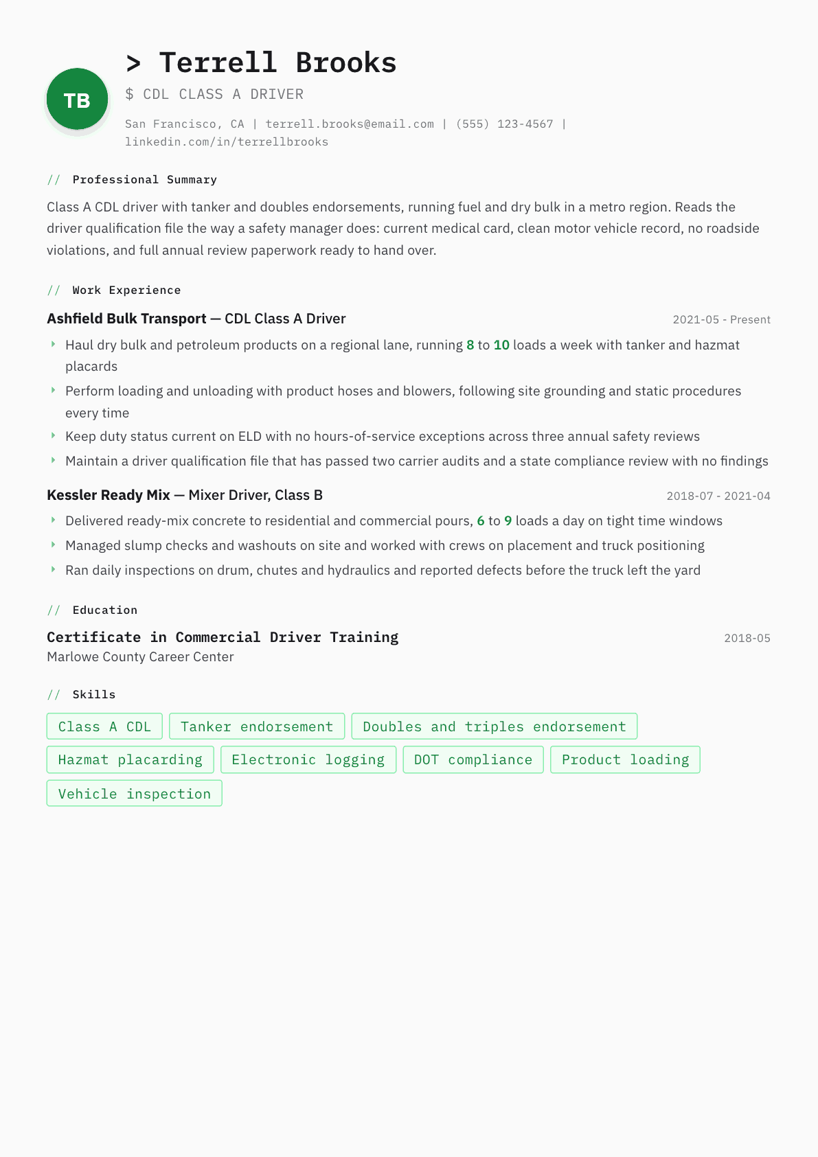 CDL Driver resume example, Amsterdam template