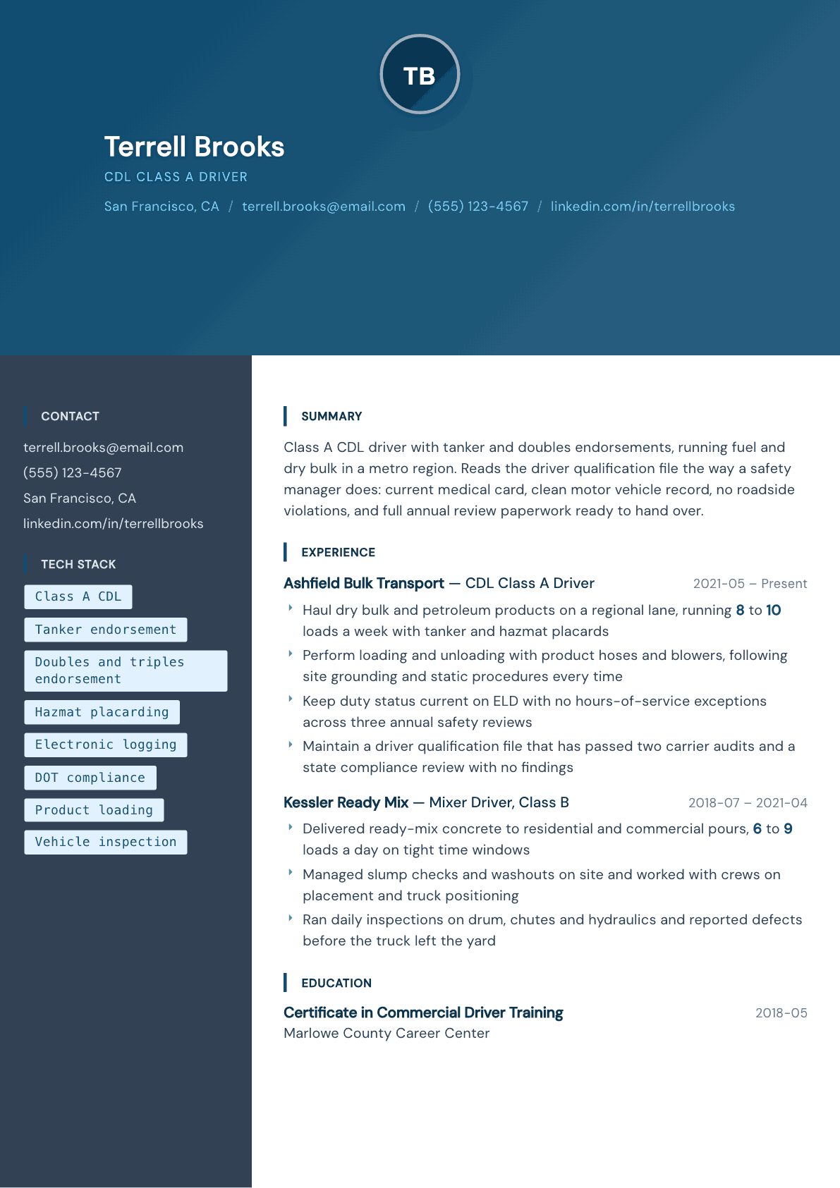 CDL Driver resume example, Prism template