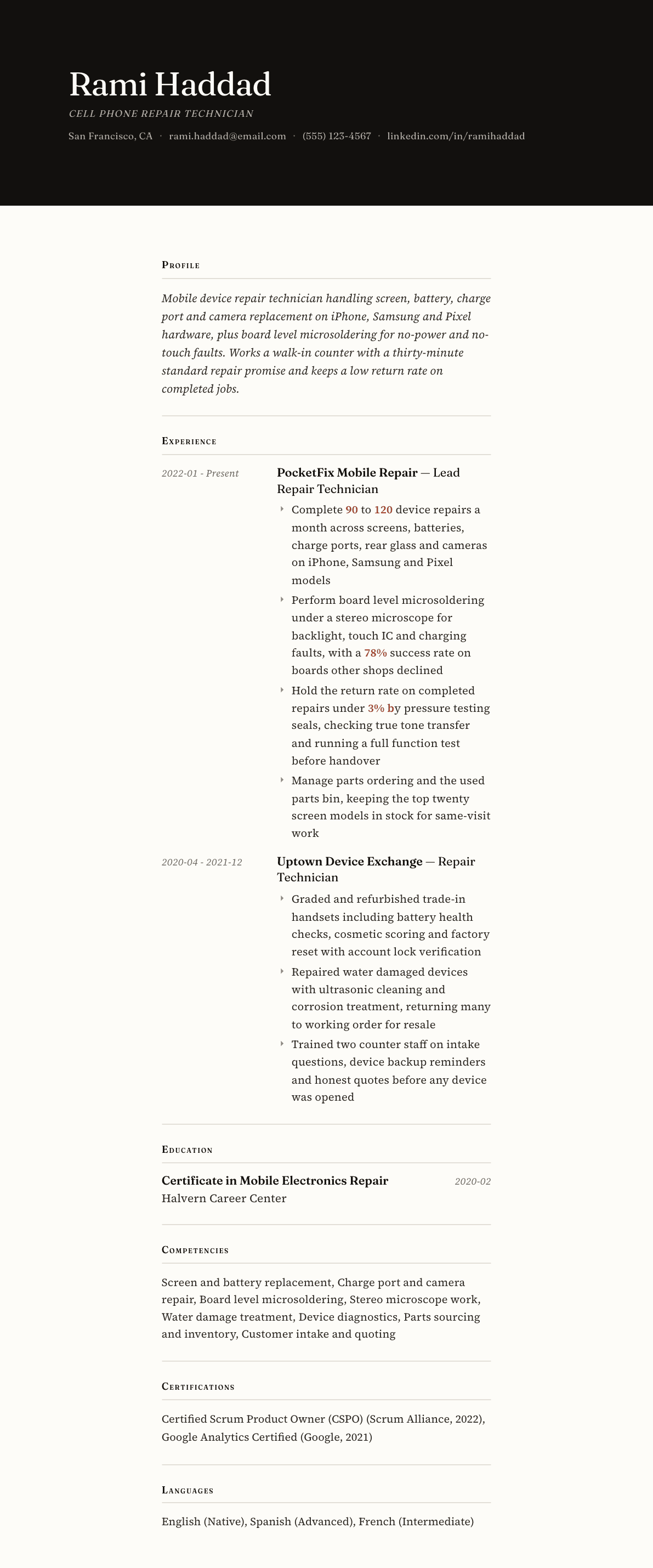 Cell Phone Repair Technician resume example, Broadsheet template