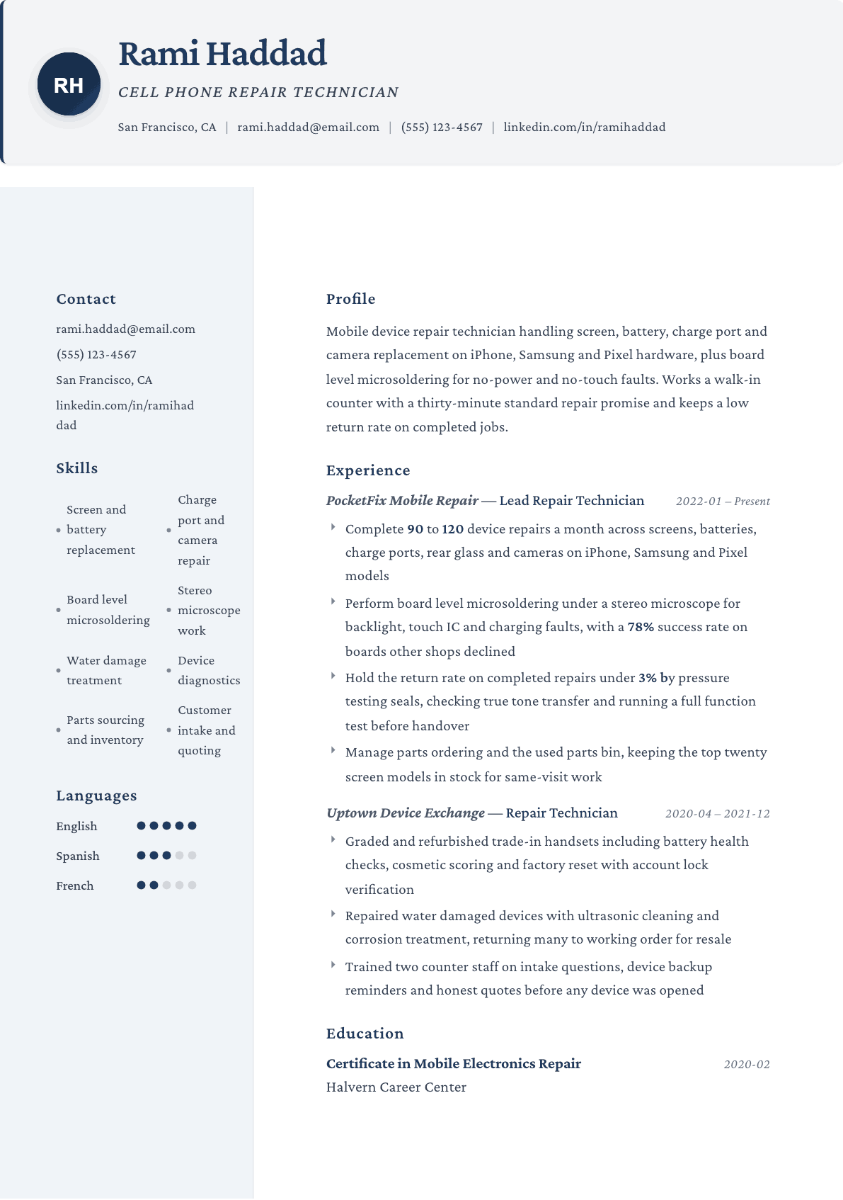 Cell Phone Repair Technician resume example, Formal template