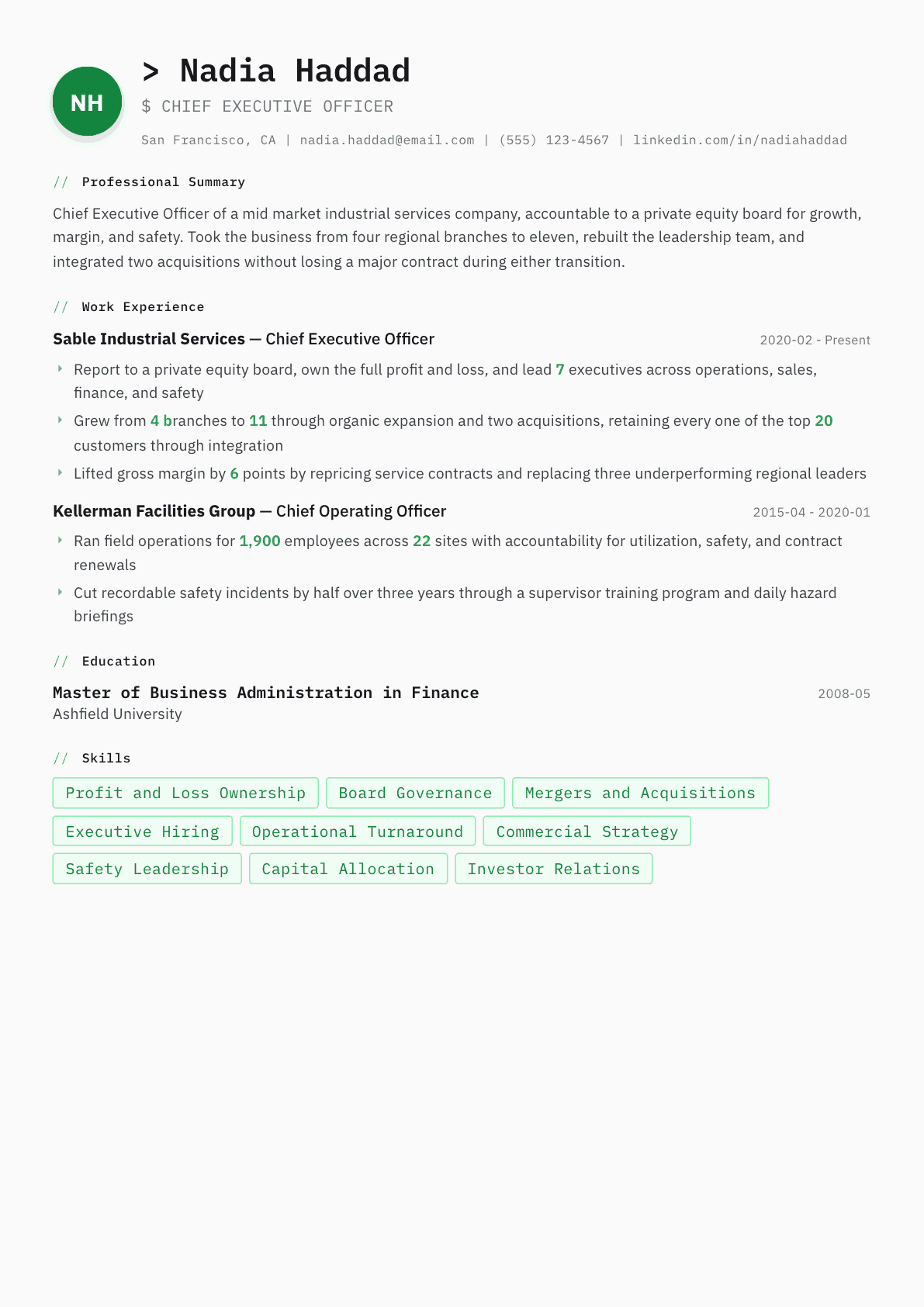 CEO resume example, Amsterdam template