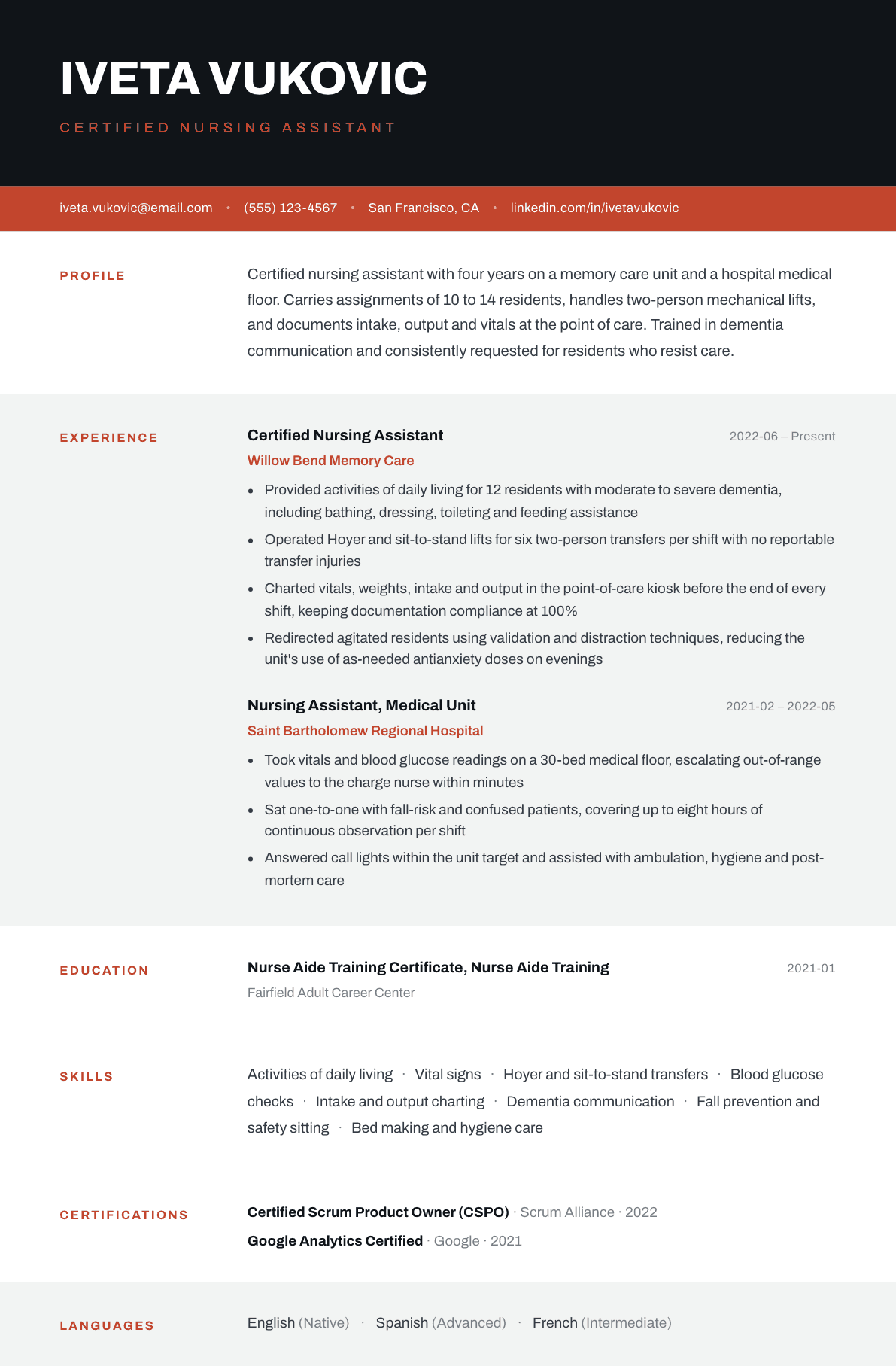 Certified Nursing Assistant resume example, Strata template