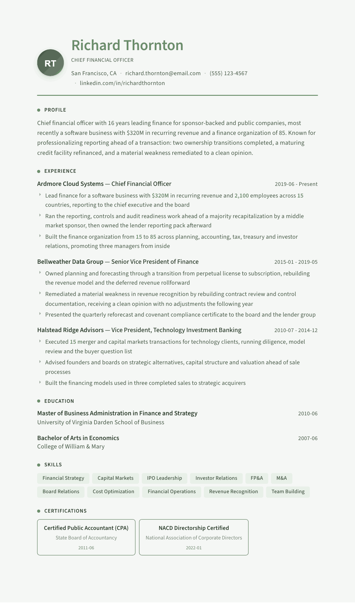 CFO resume example, Sage Garden template