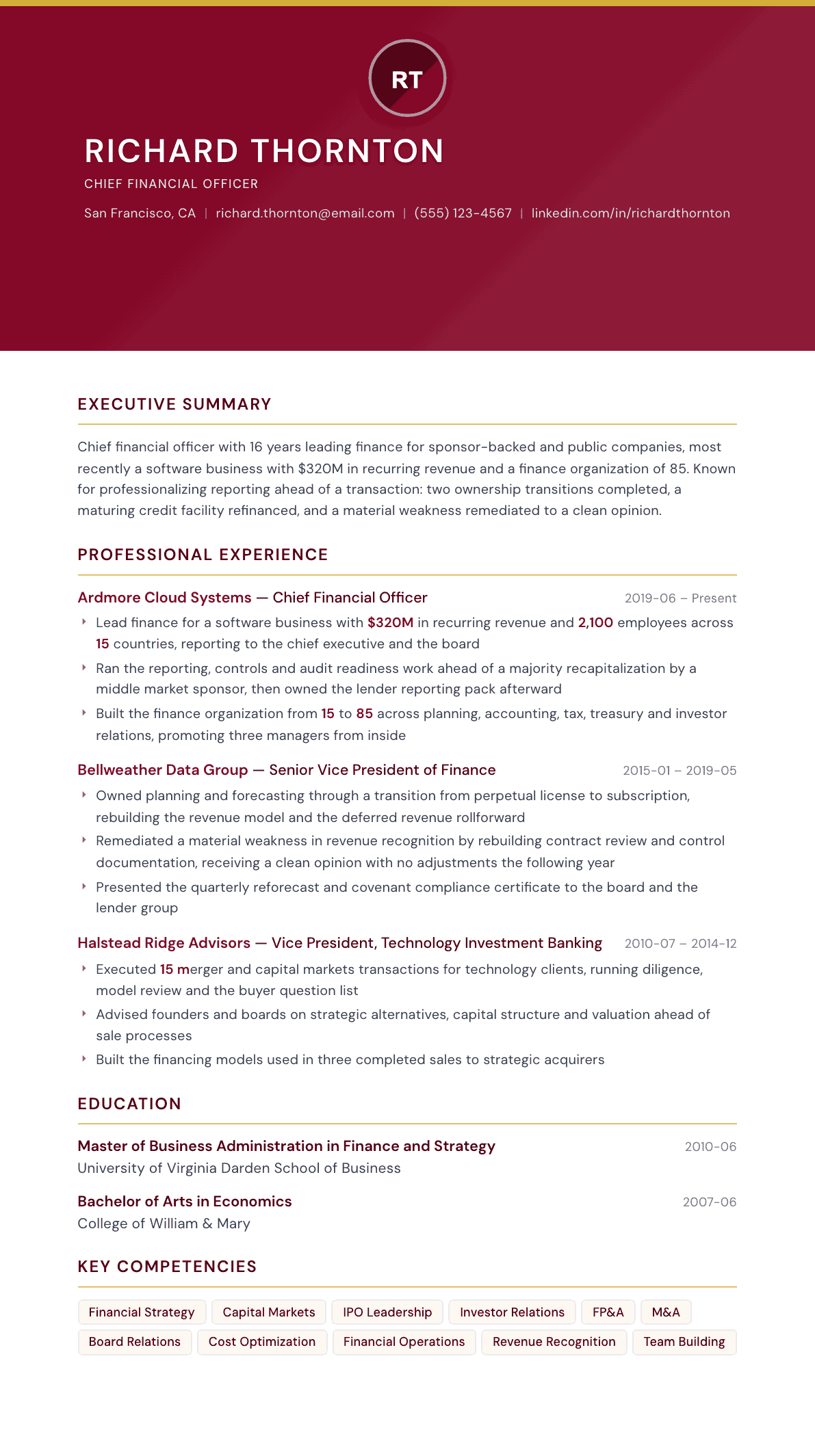 CFO resume example, Viceroy template
