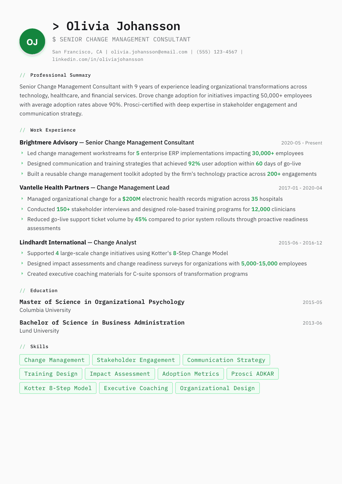 Change Management Consultant resume example, Amsterdam template