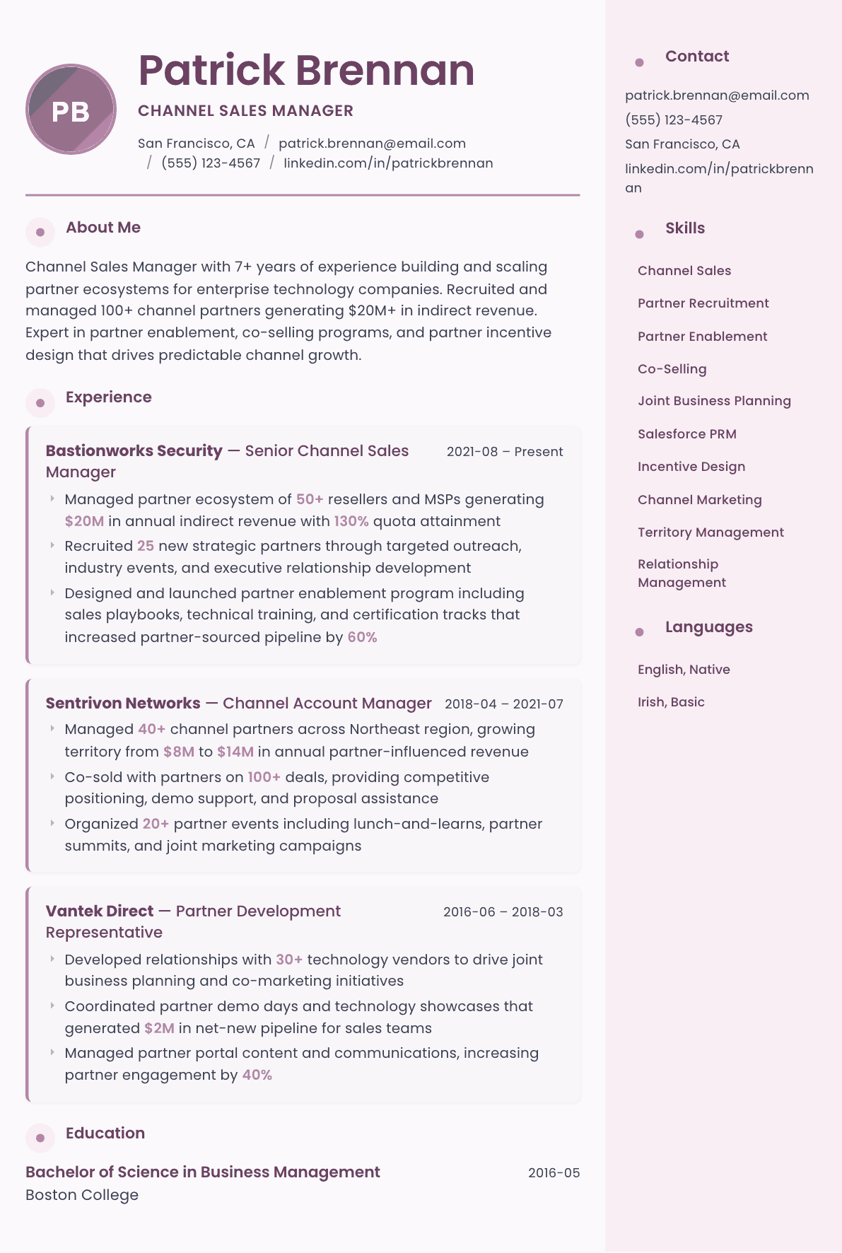 Channel Sales Manager resume example, Bloom template
