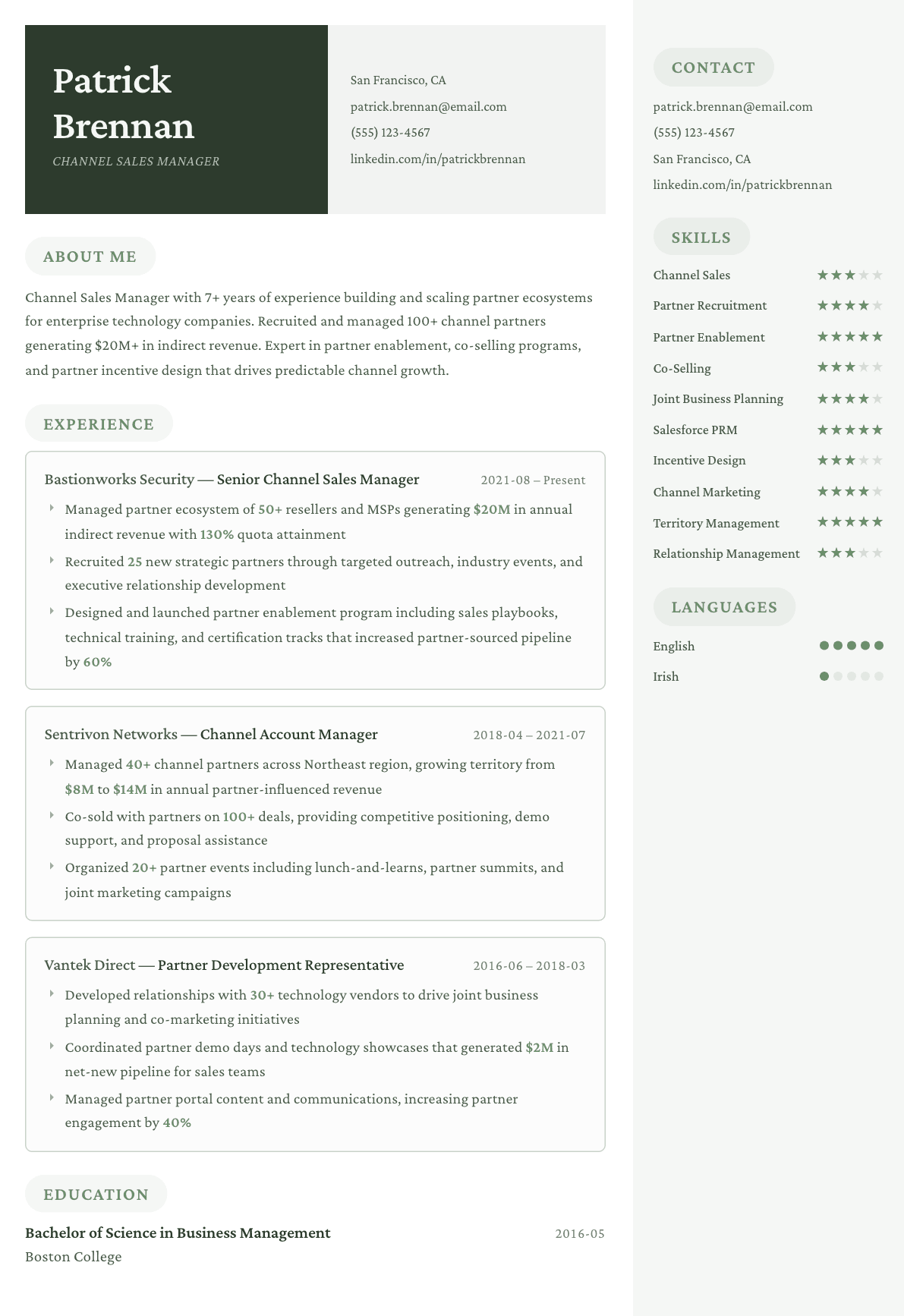 Channel Sales Manager resume example, Mayfair template