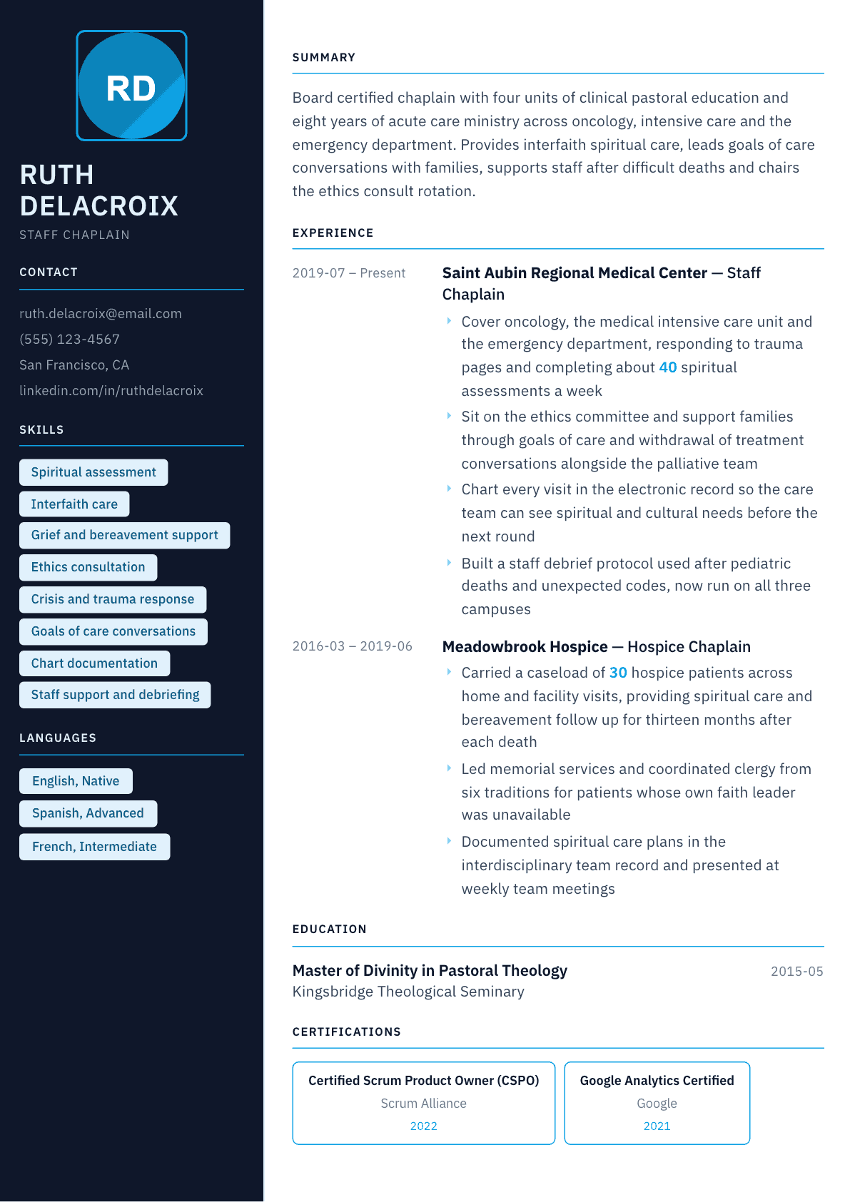 Chaplain resume example, Everest template