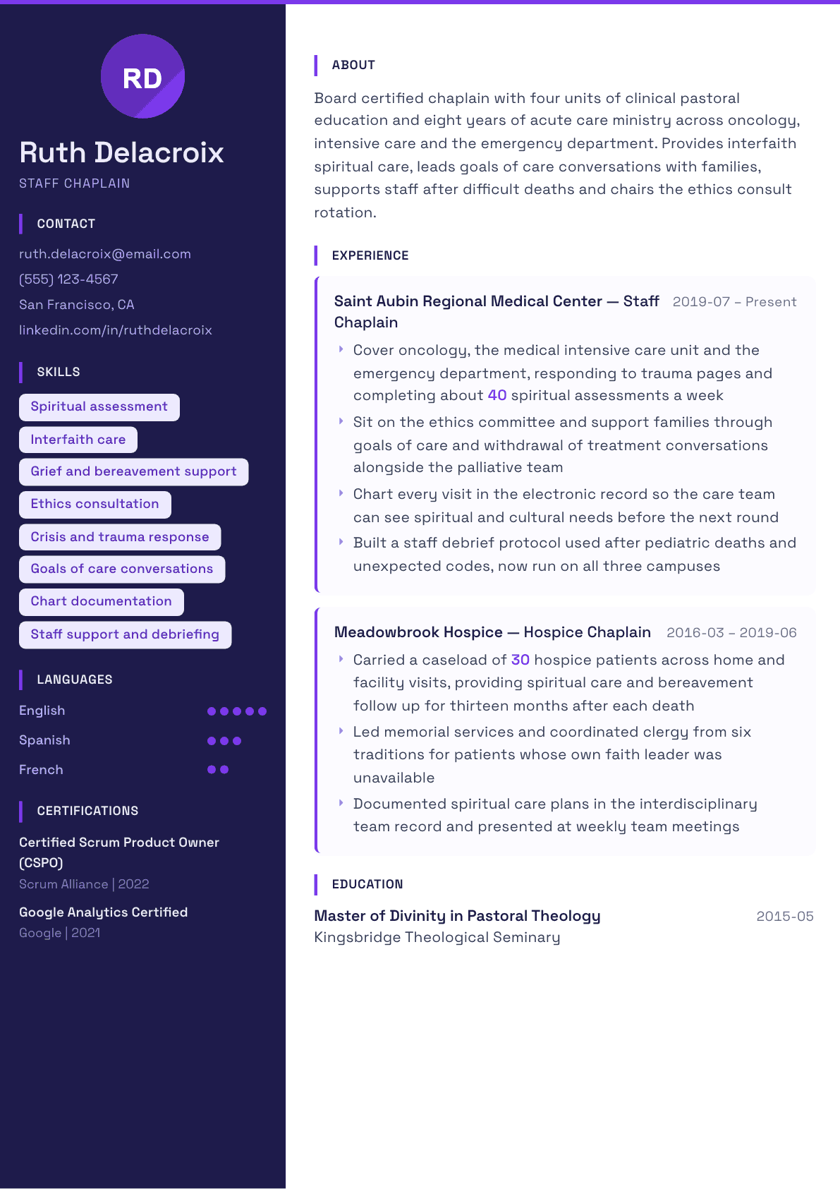 Chaplain resume example, Solstice template