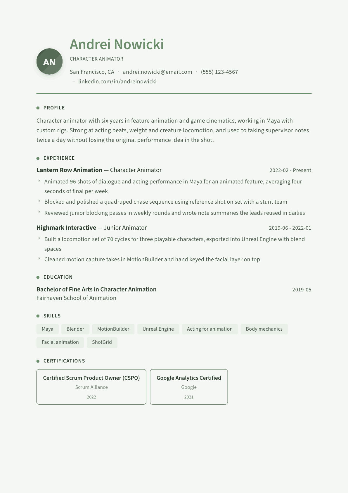Character Animator resume example, Sage Garden template