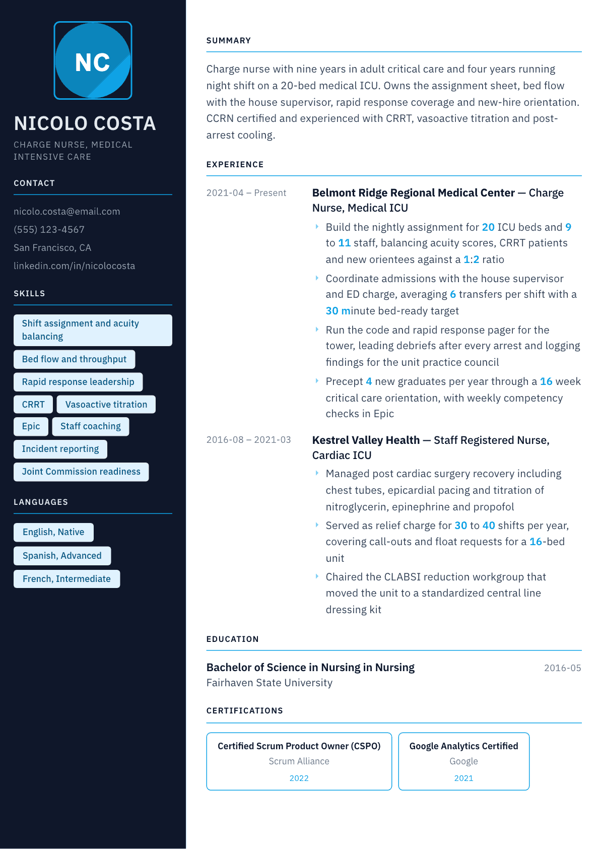 Charge Nurse resume example, Everest template