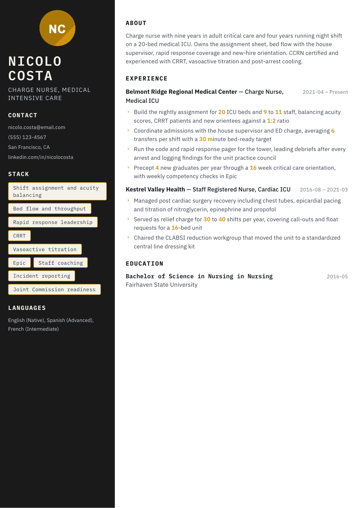 Charge Nurse resume example, Neon template