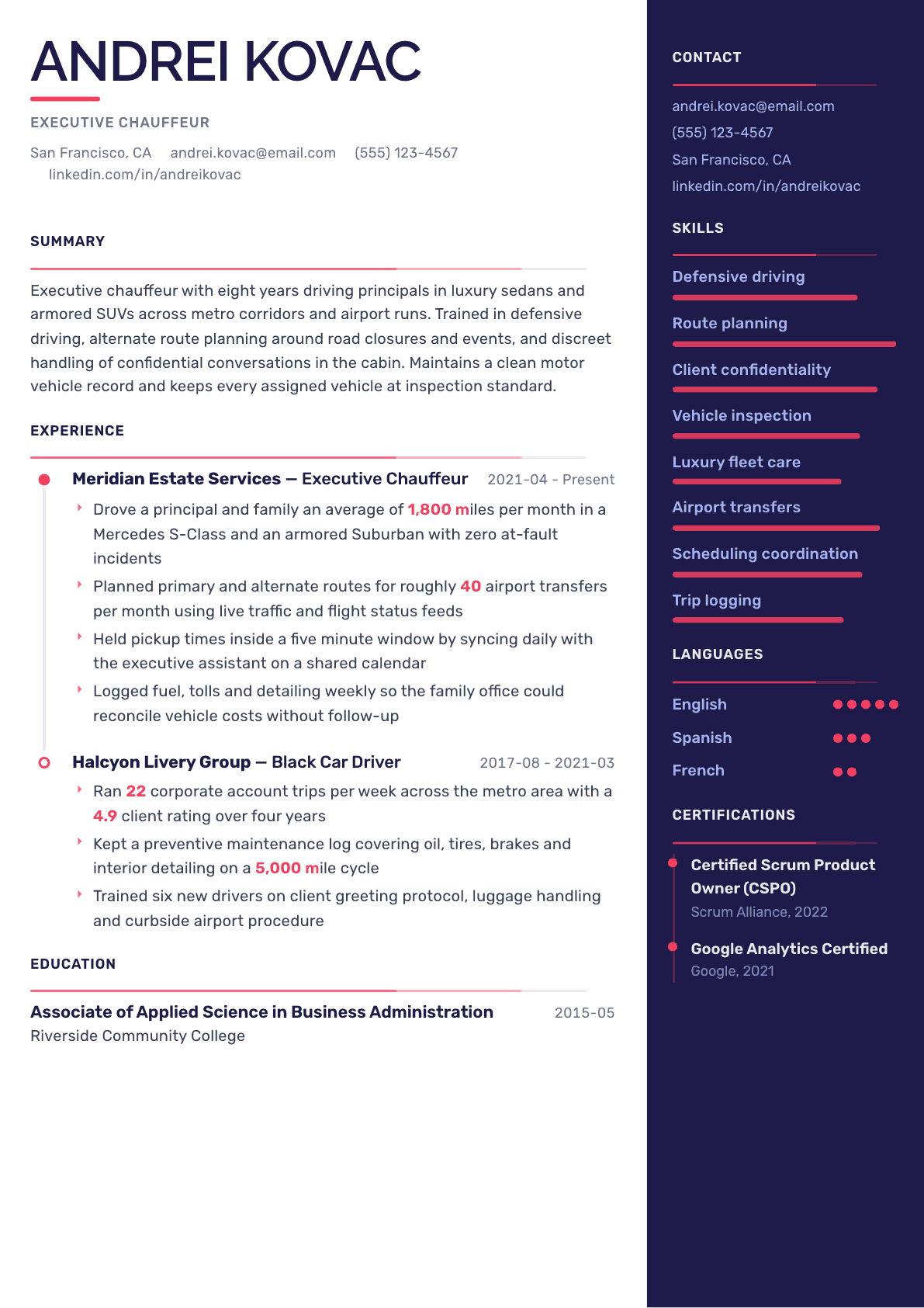 Chauffeur resume example, Obsidian Dark template