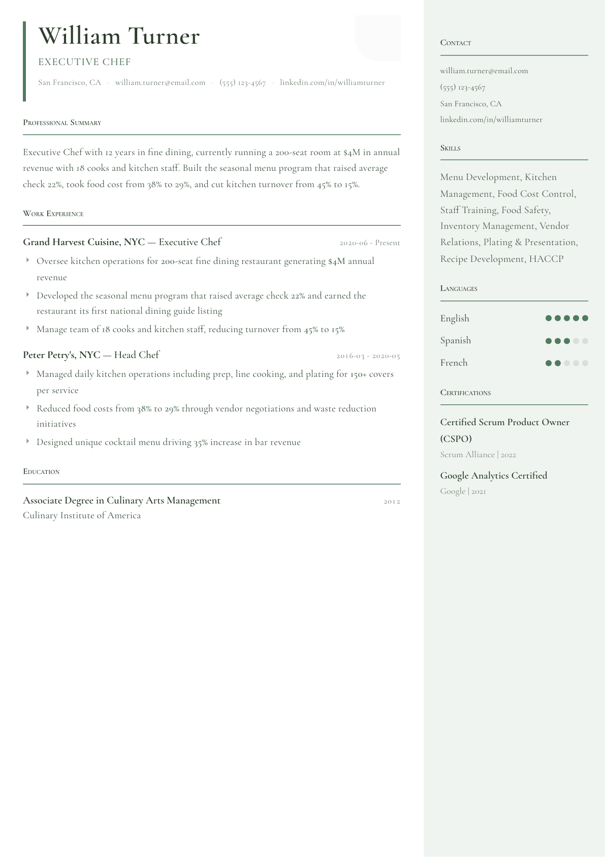 Chef resume example, Copenhagen template