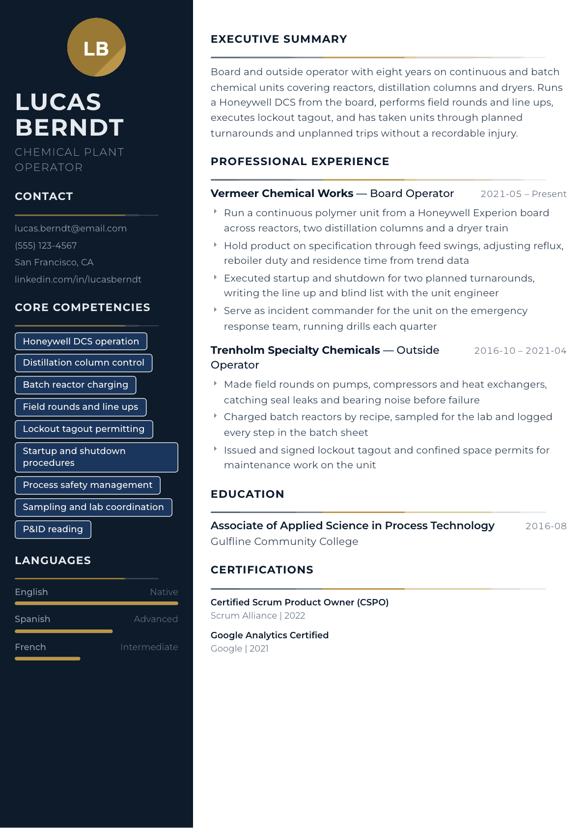 Chemical Plant Operator resume example, Catalyst template