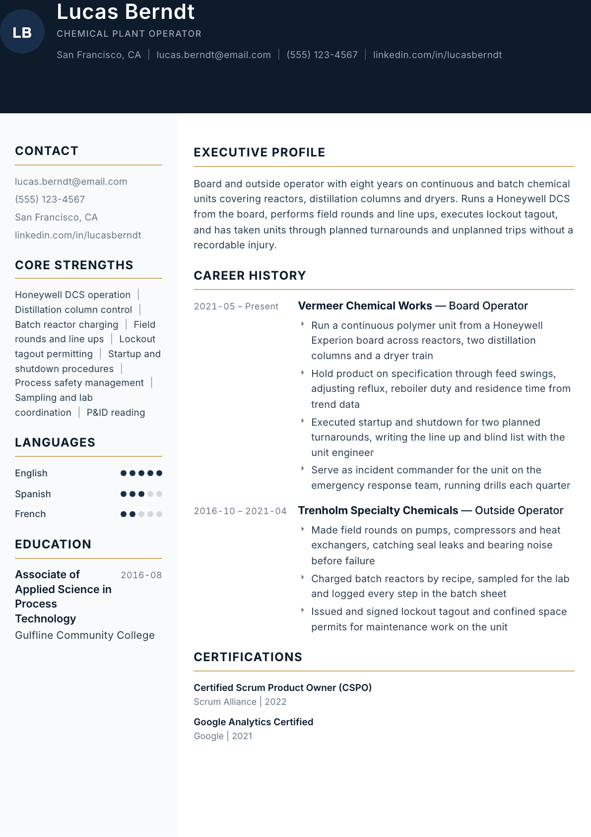 Chemical Plant Operator resume example, Consulate template