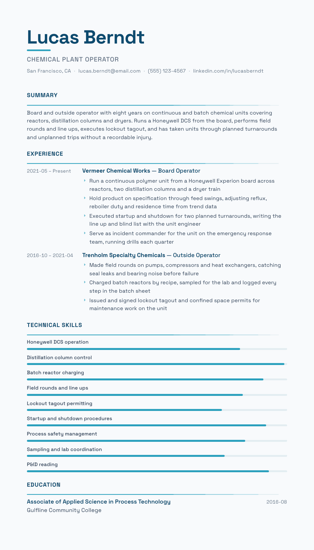 Chemical Plant Operator resume example, Velocity template