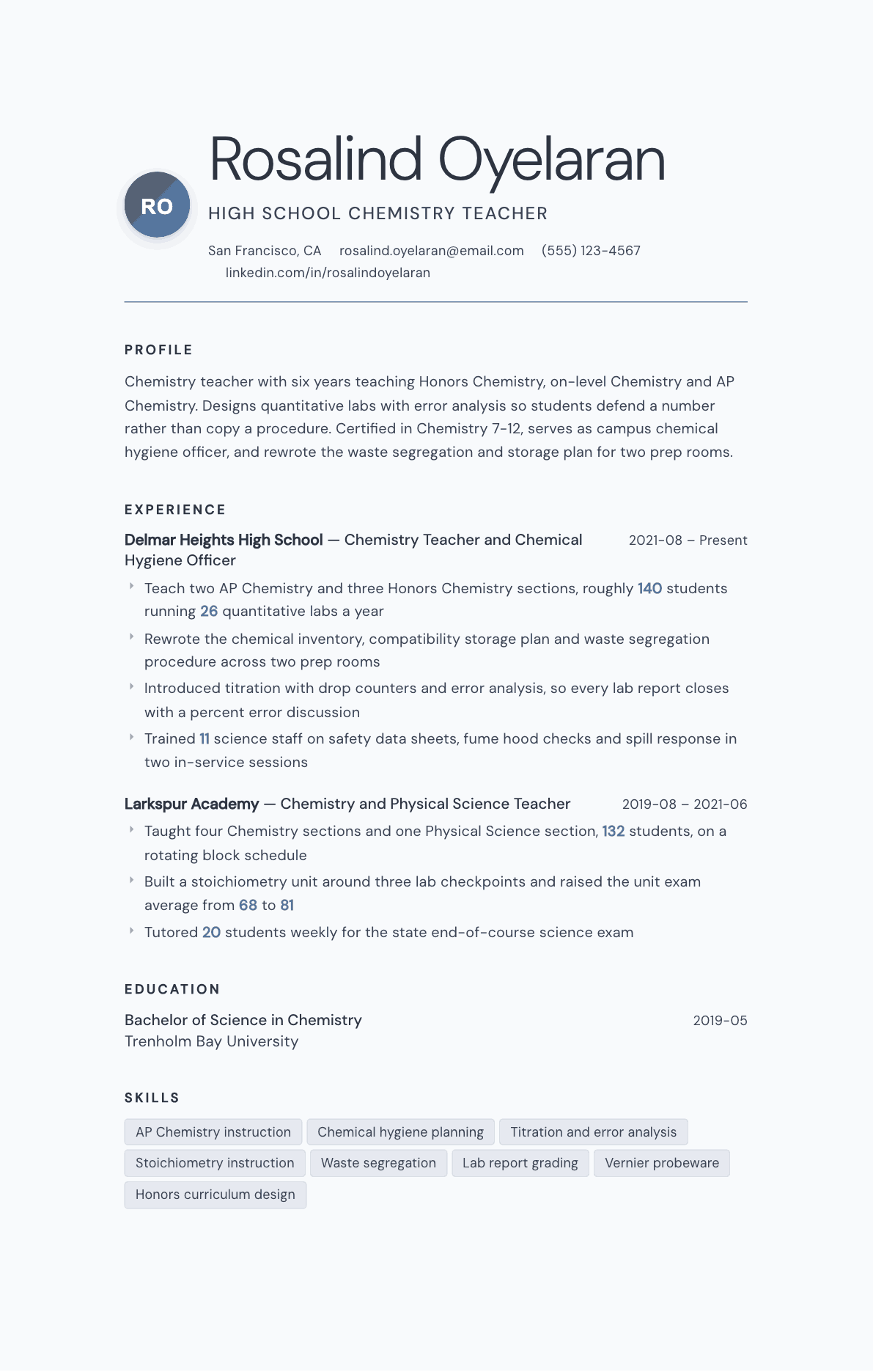 Chemistry Teacher resume example, Nordic template