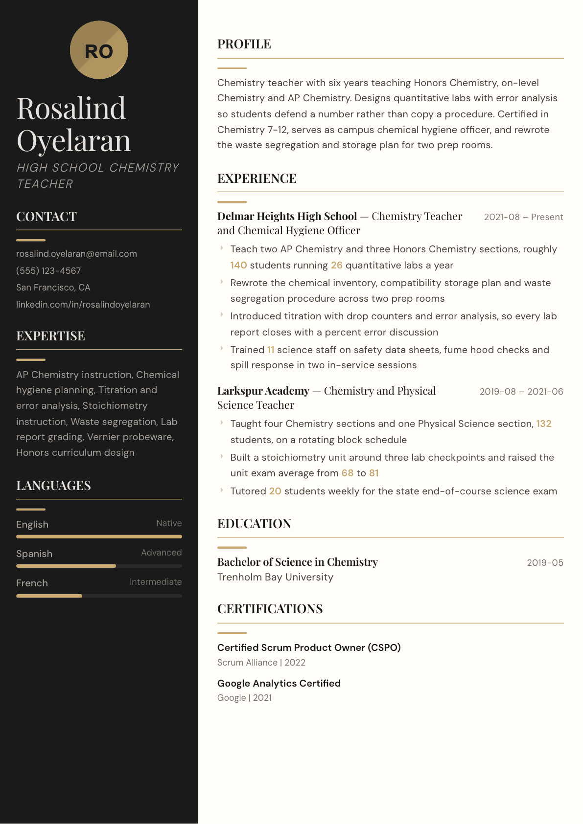Chemistry Teacher resume example, Obsidian template