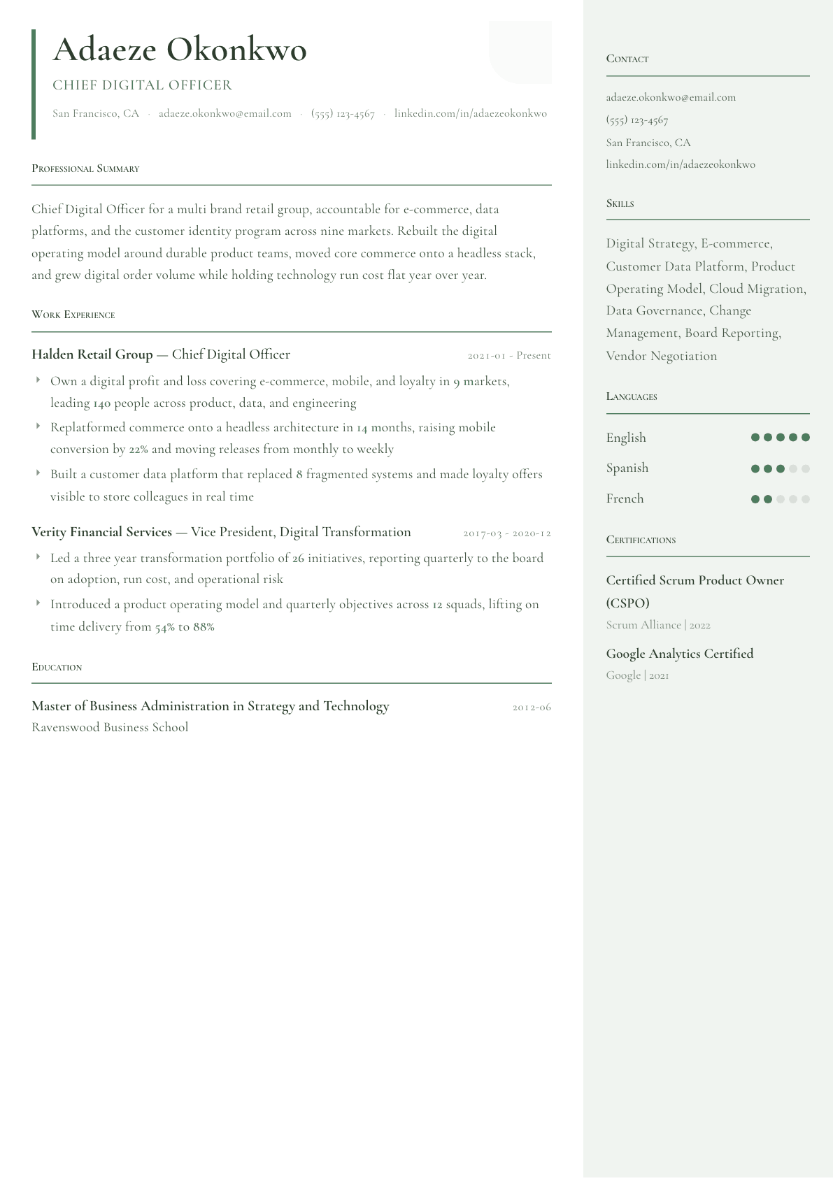 Chief Digital Officer resume example, Copenhagen template