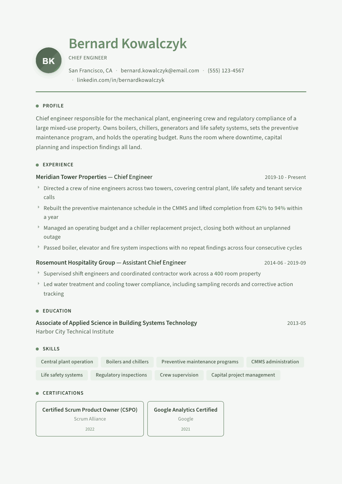 Chief Engineer resume example, Sage Garden template