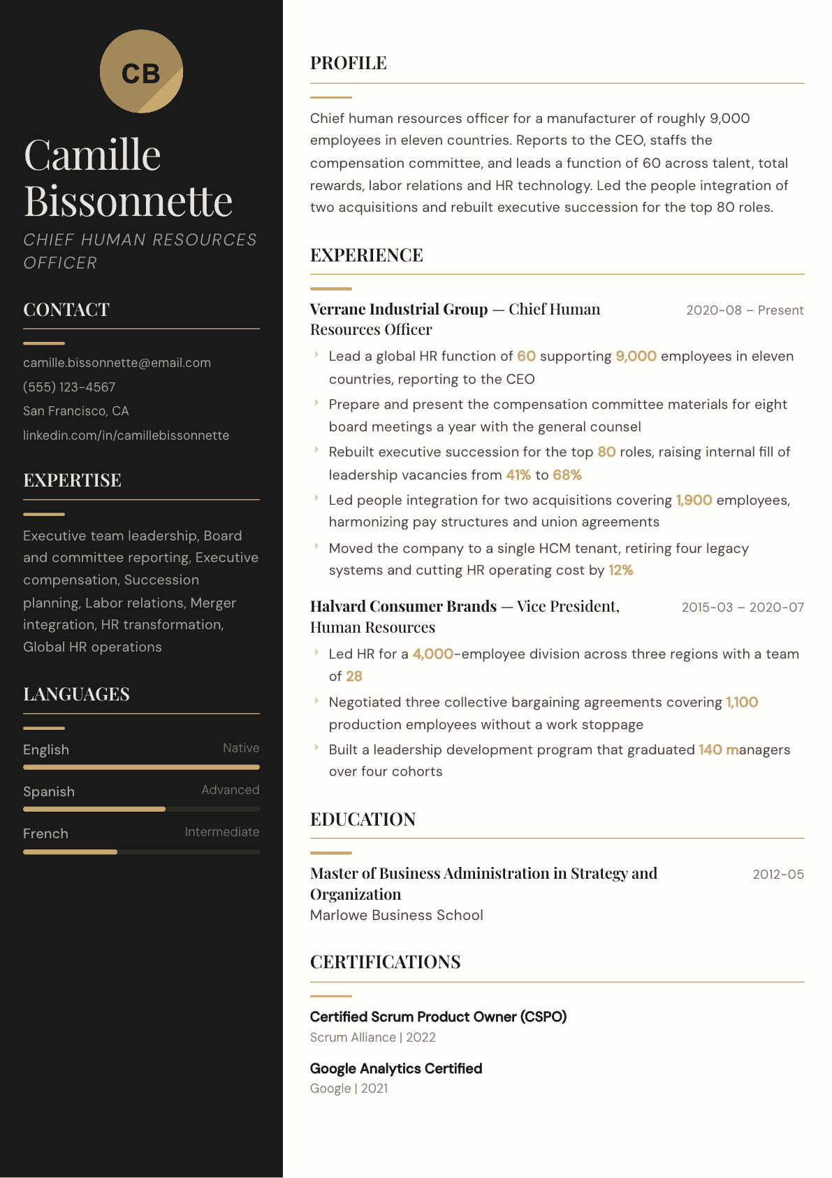Chief Human Resources Officer resume example, Obsidian template