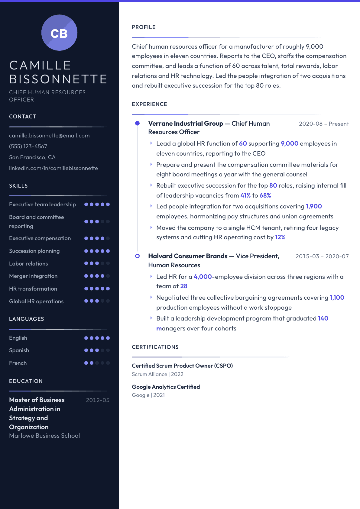 Chief Human Resources Officer resume example, Zenith template