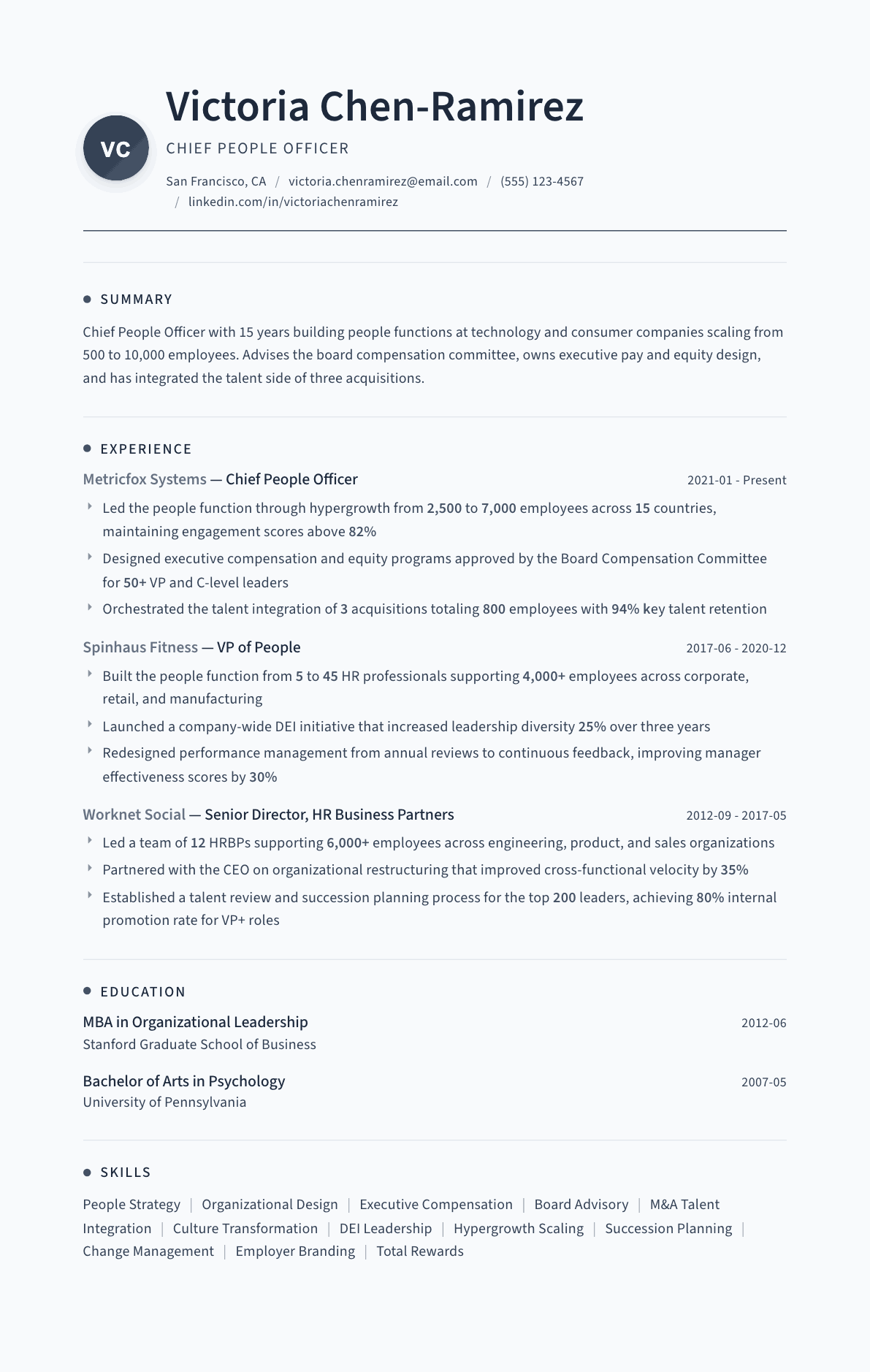 Chief People Officer resume example, Thread template