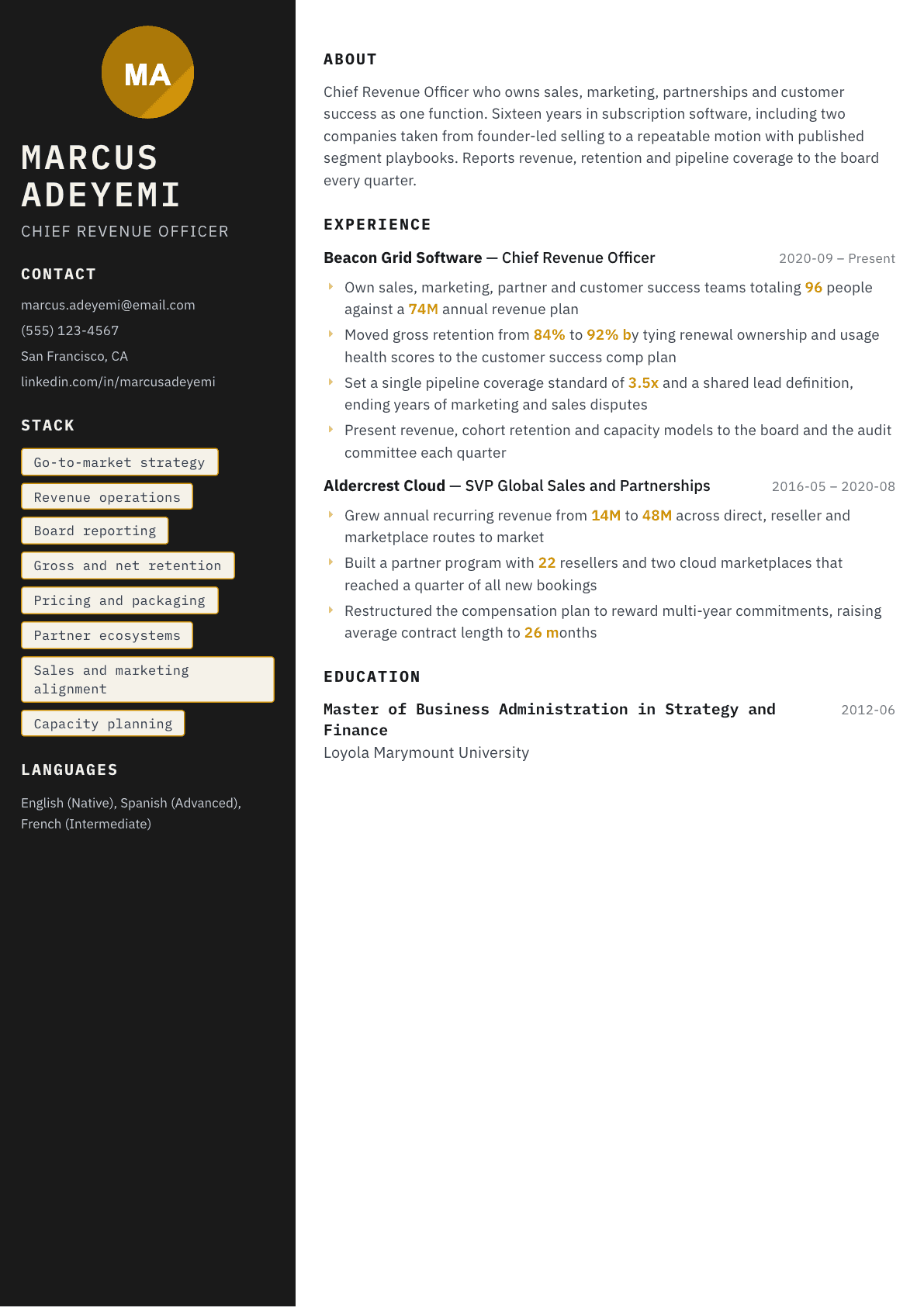 Chief Revenue Officer resume example, Neon template