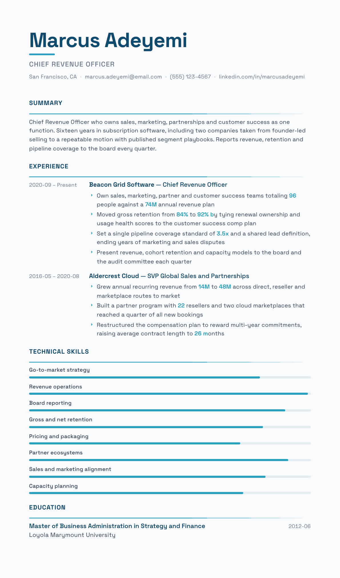 Chief Revenue Officer resume example, Velocity template