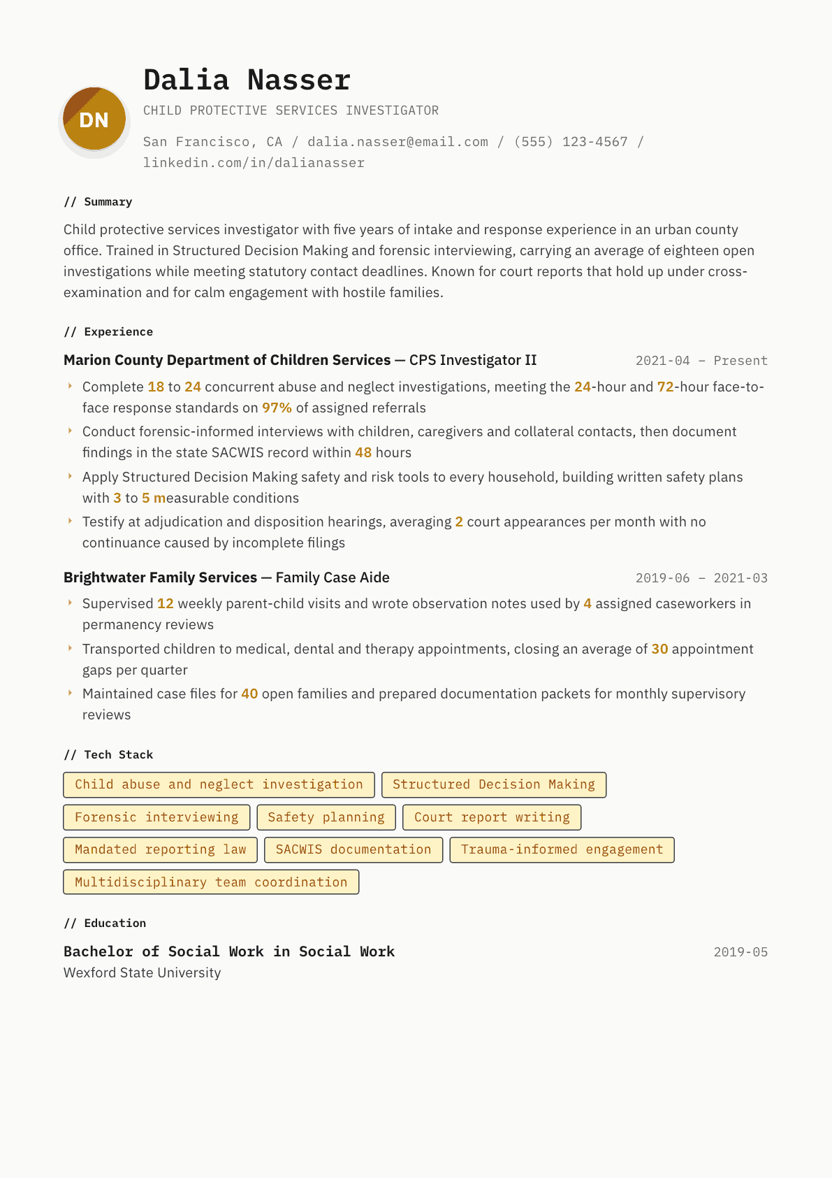 Child Protective Services Worker resume example, Inkwell template