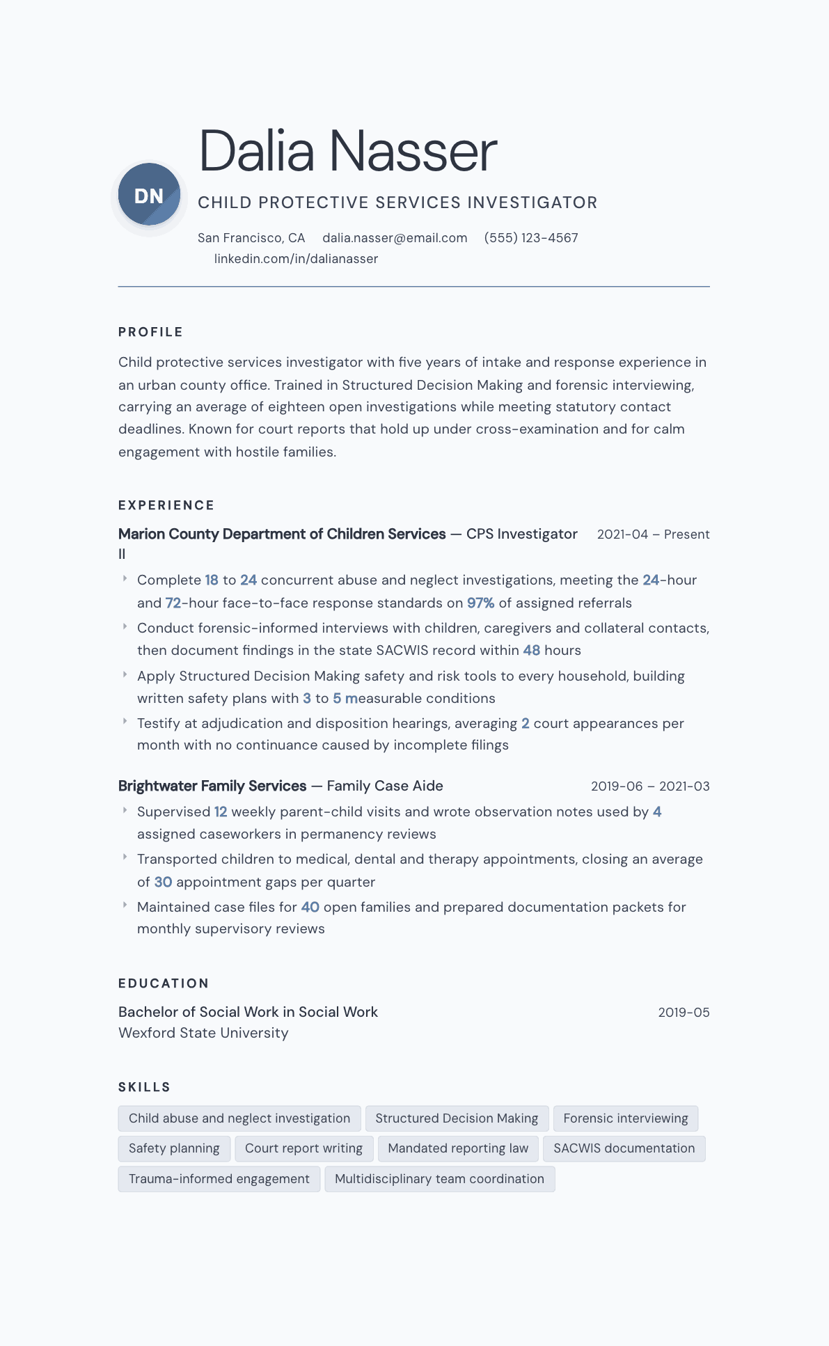 Child Protective Services Worker resume example, Nordic template