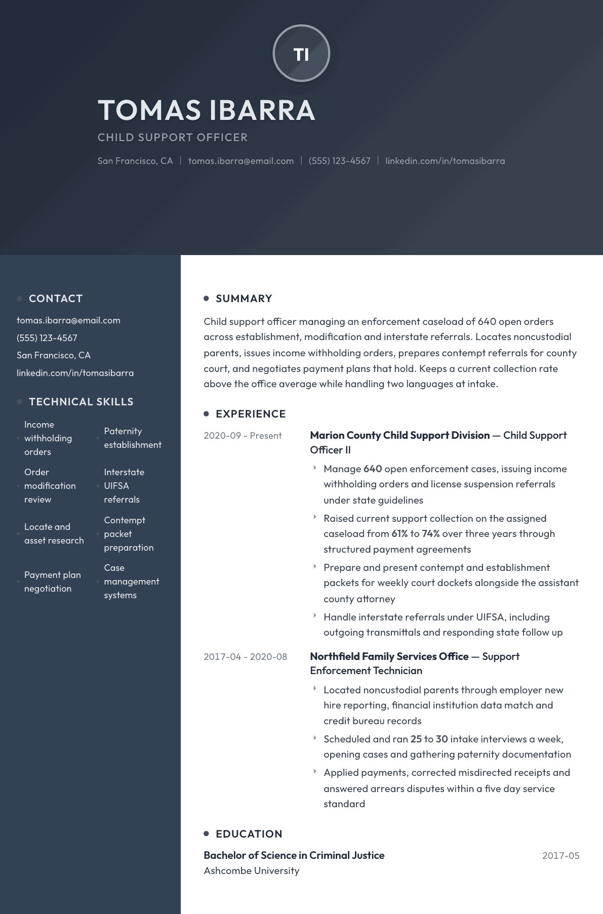 Child Support Officer resume example, Binary template