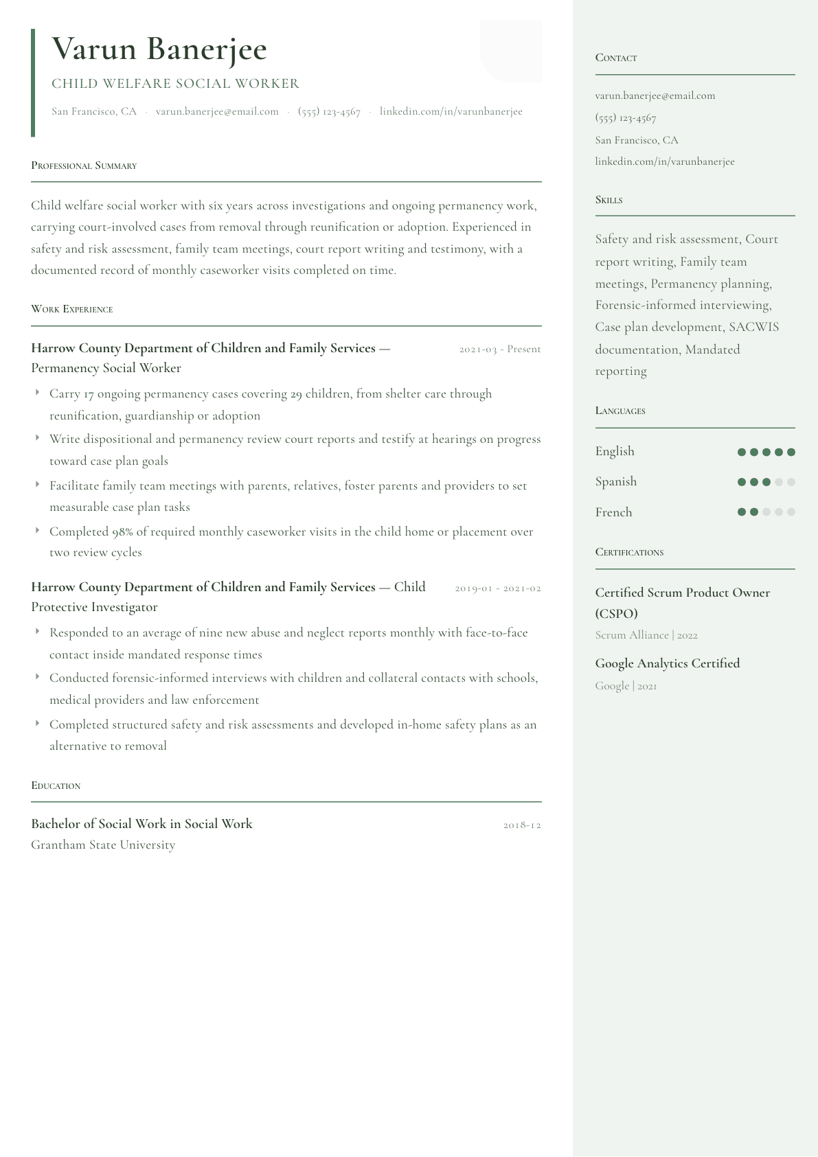 Child Welfare Social Worker resume example, Copenhagen template