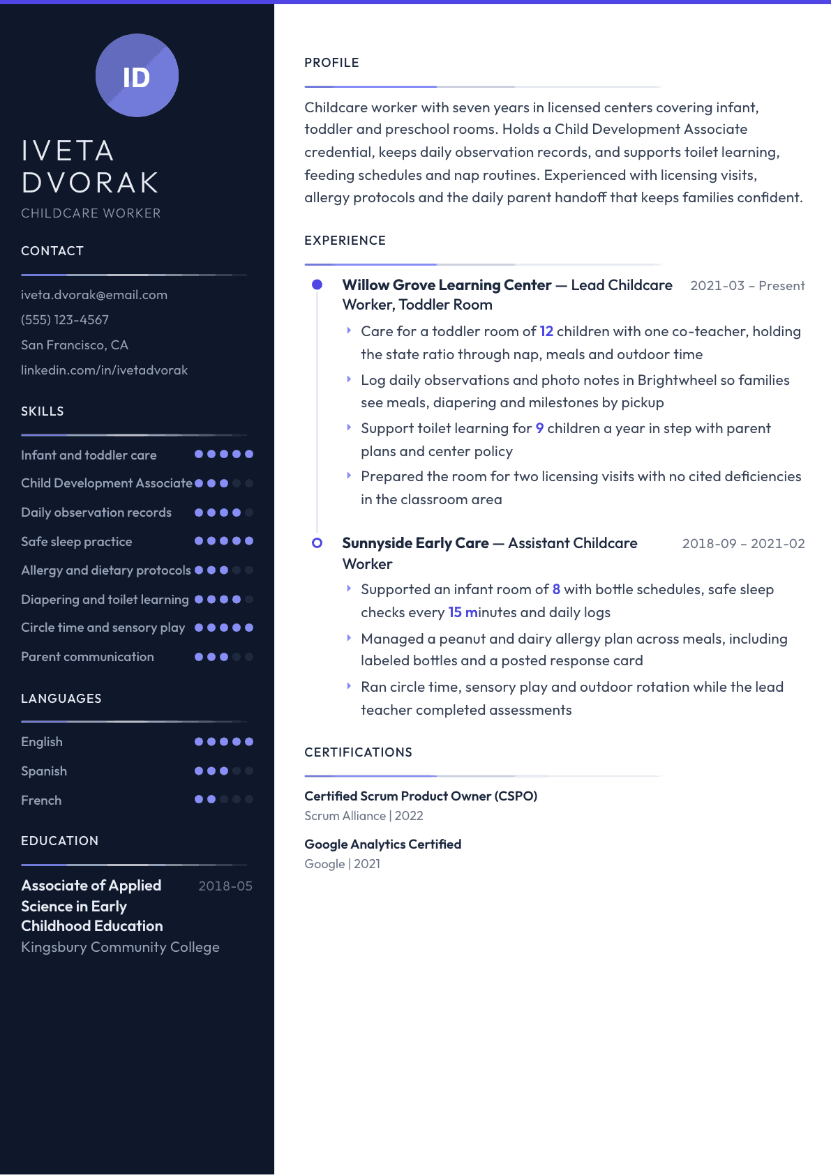 Childcare Worker resume example, Zenith template