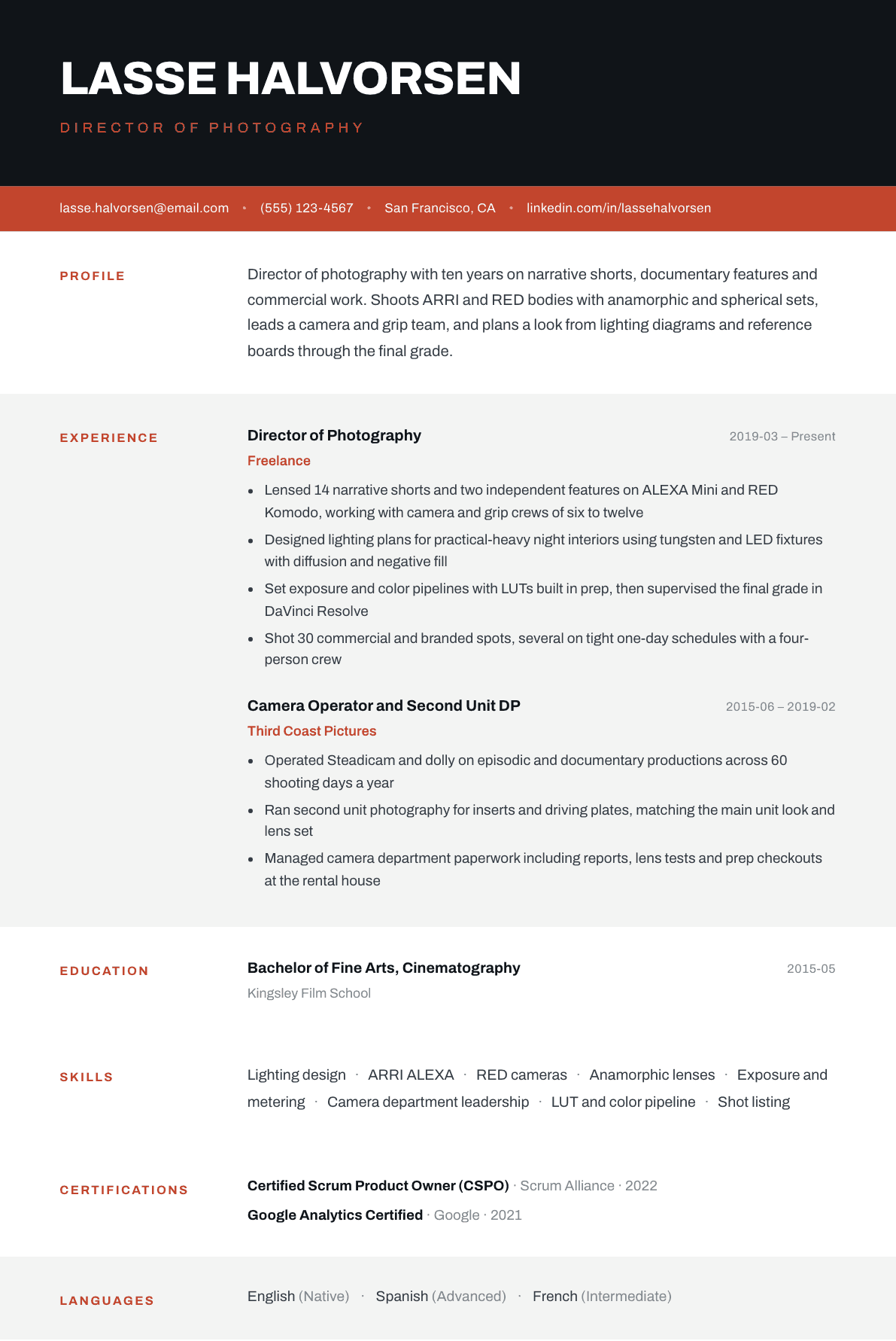 Cinematographer resume example, Strata template