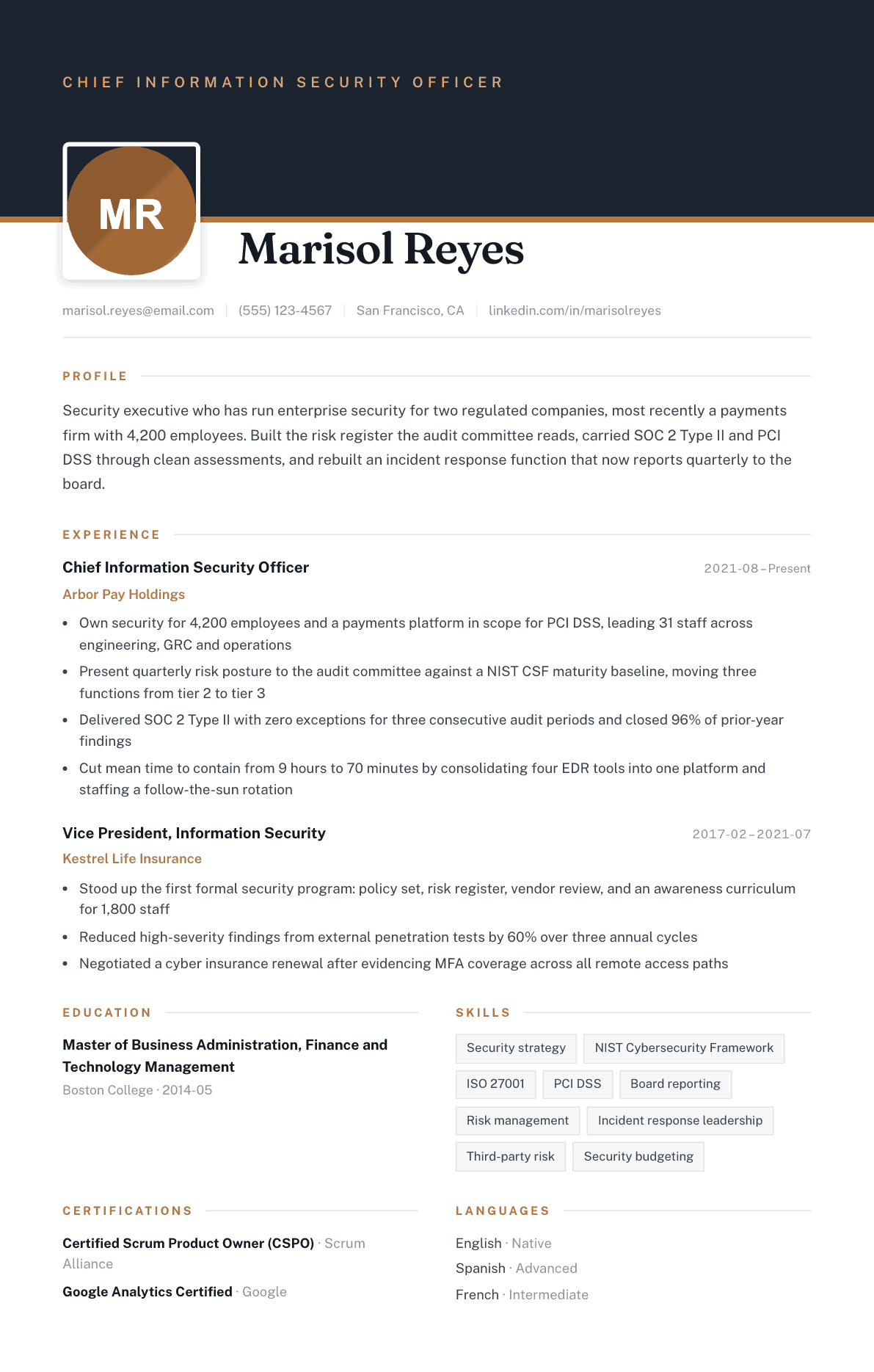 CISO resume example, Atrium template