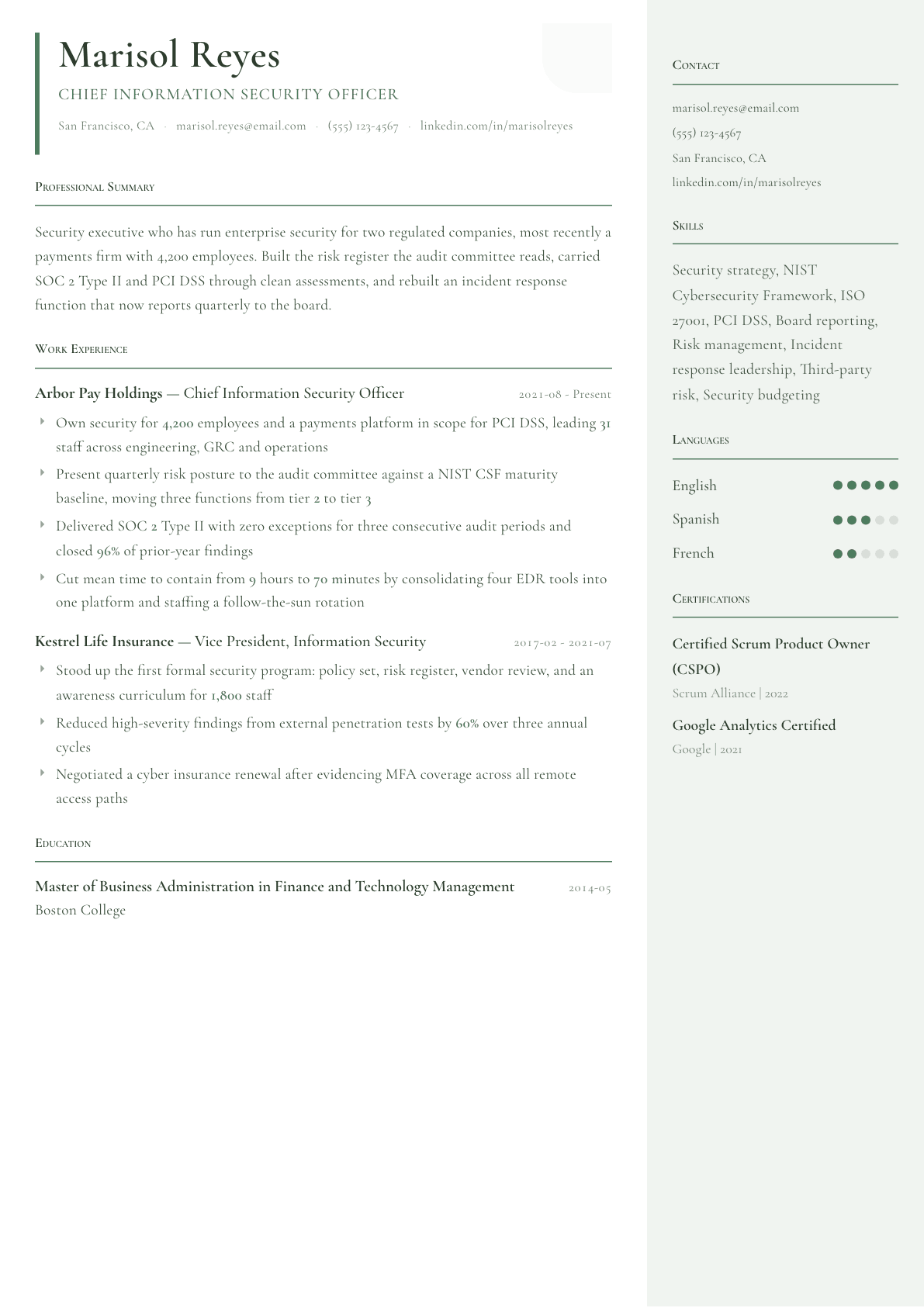CISO resume example, Copenhagen template