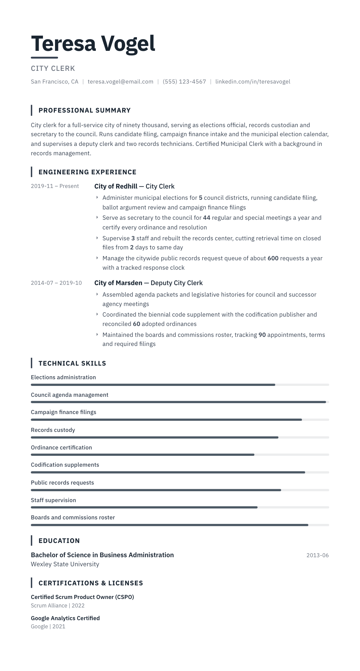 City Clerk resume example, Blueprint template