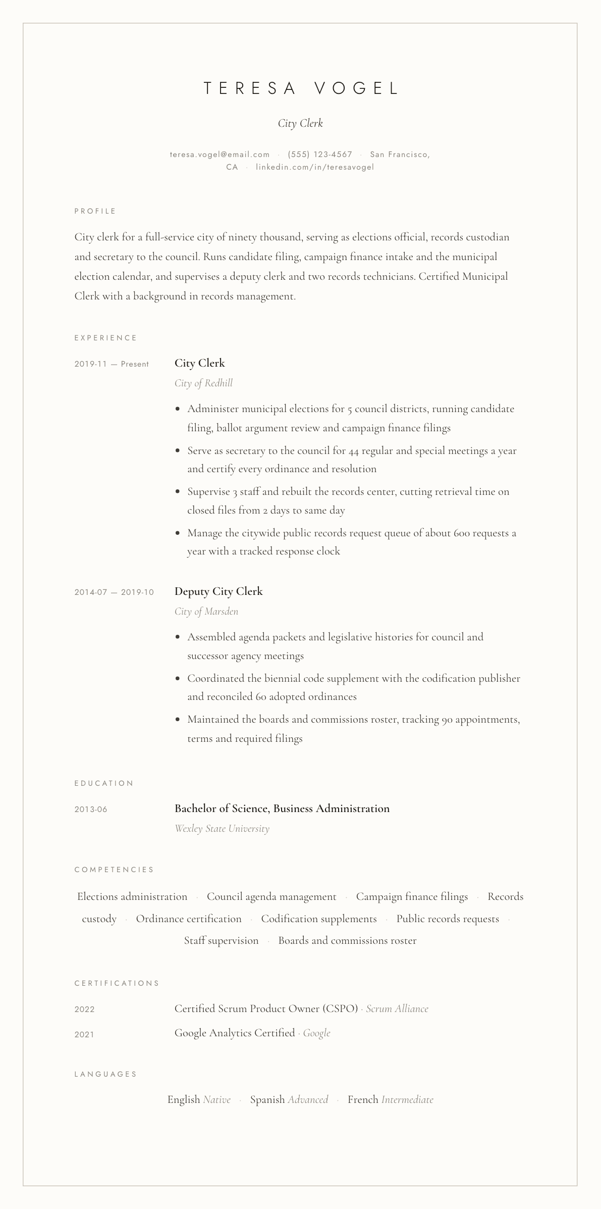 City Clerk resume example, Vellum template