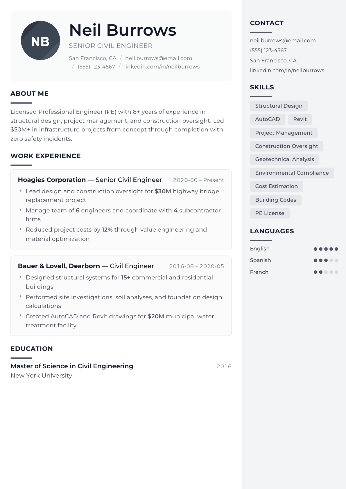 Civil Engineer resume example, Metropolitan template