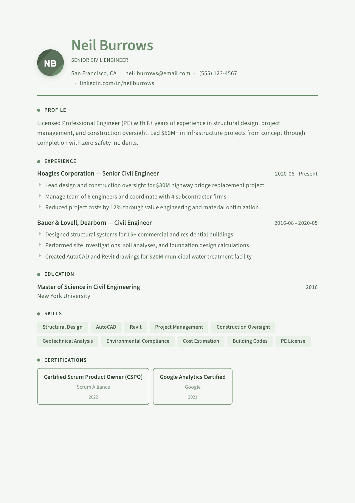 Civil Engineer resume example, Sage Garden template