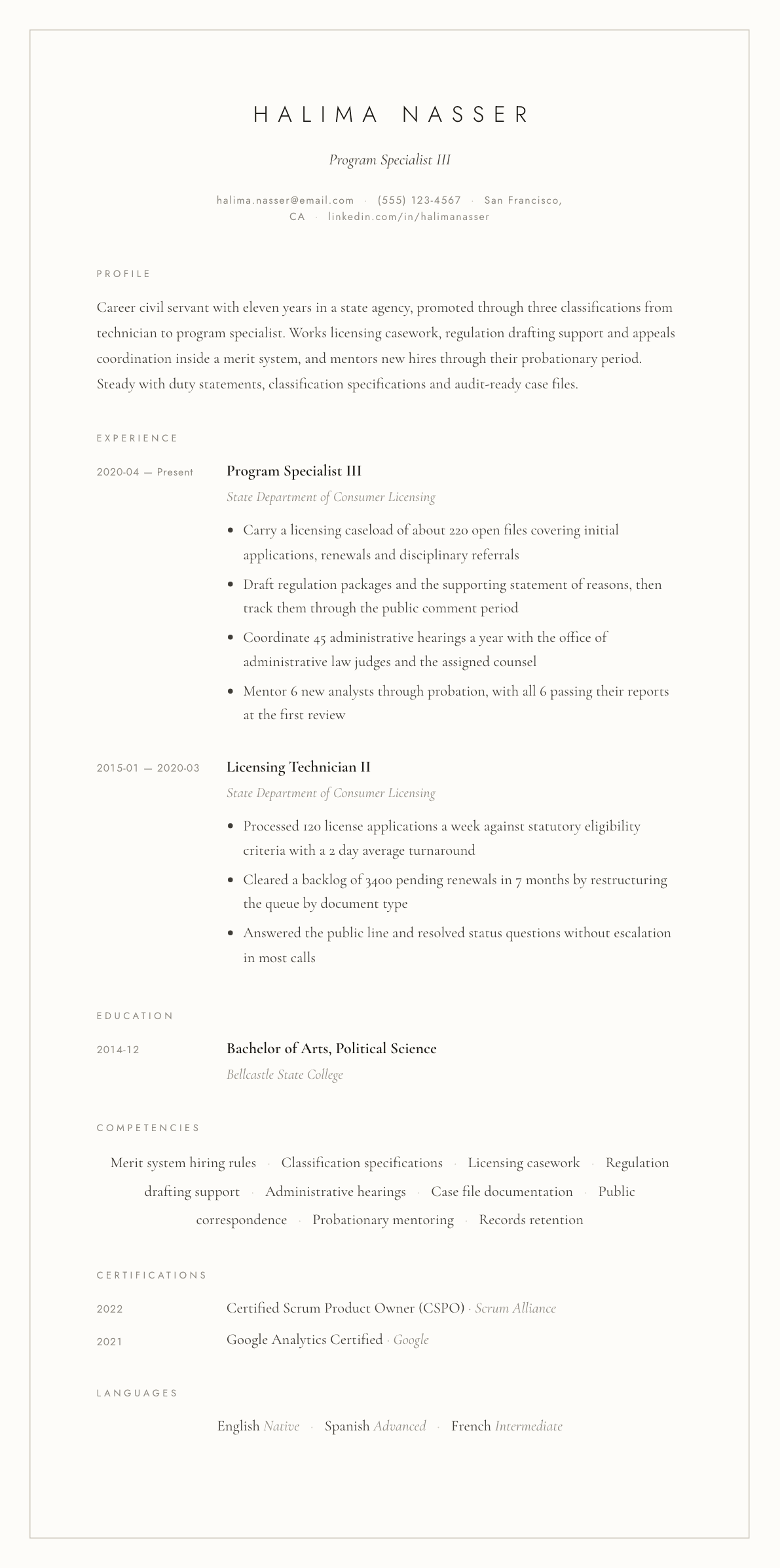 Civil Servant resume example, Vellum template